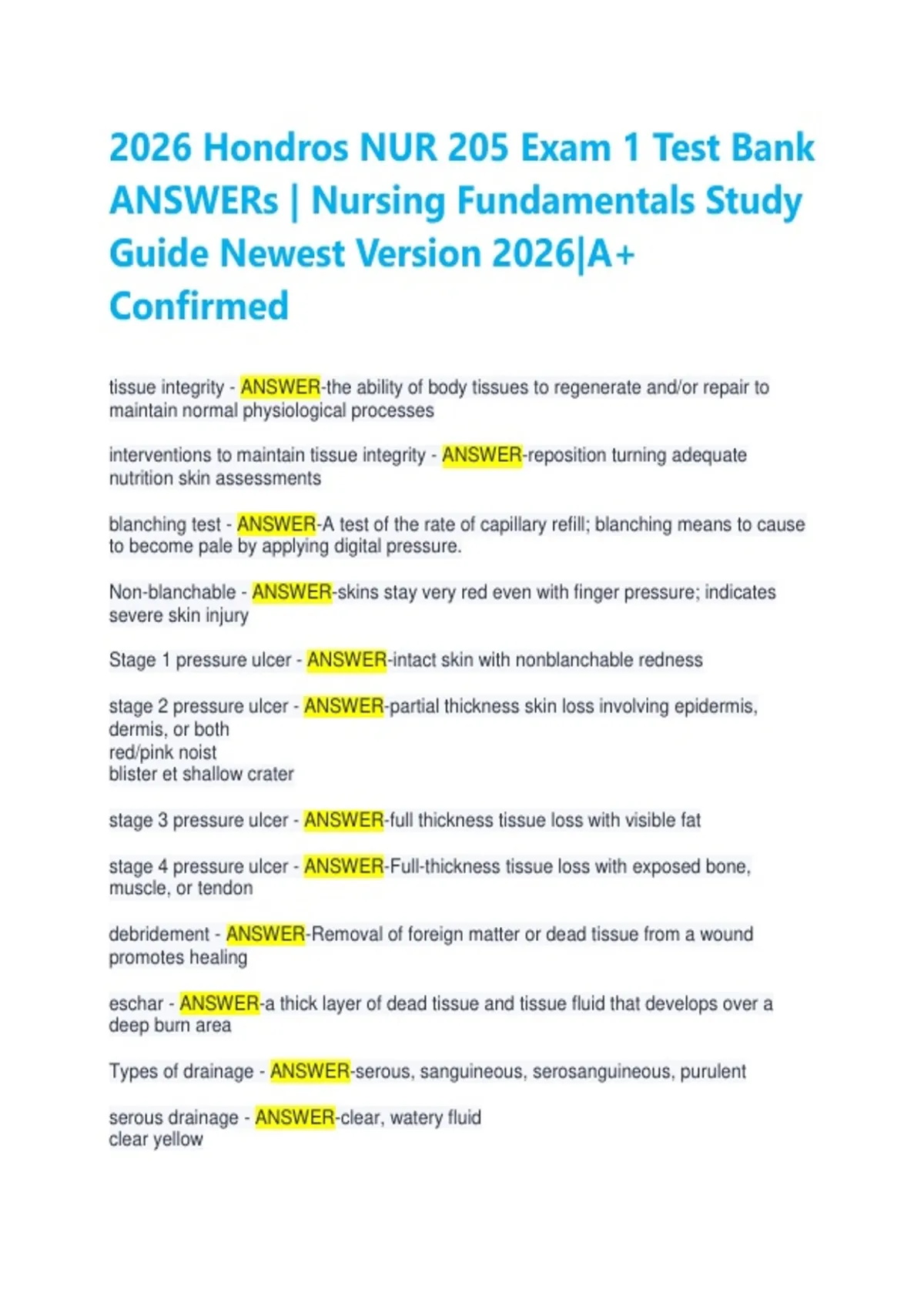 2026 Hondros College NUR 205 Exam 1: Comprehensive Test Bank & Study A+ ...