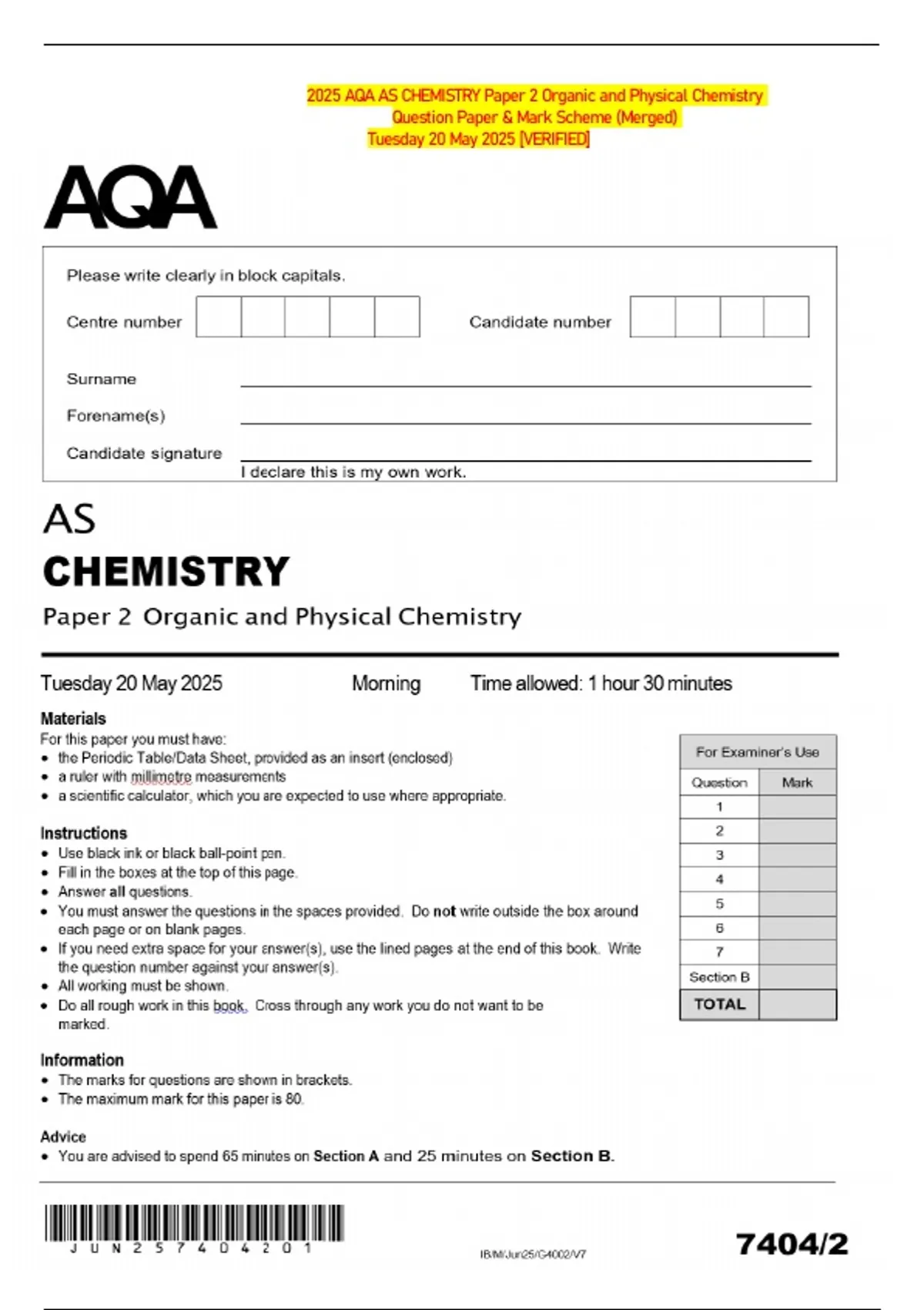 2025 AQA AS CHEMISTRY Paper 2 Organic and Physical Chemistry Question ...