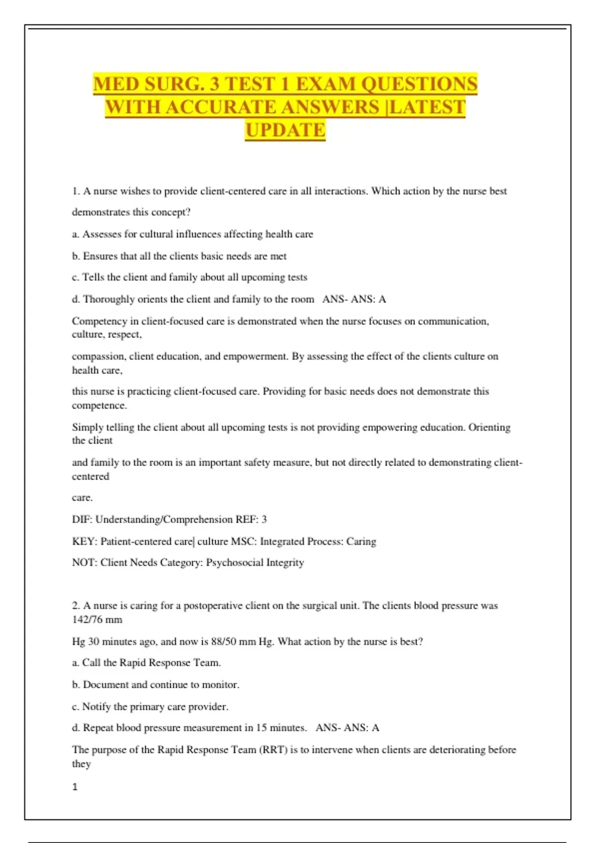 MED SURG. 3 TEST 1 EXAM QUESTIONS WITH ACCURATE ANSWERS |LATEST UPDATE ...
