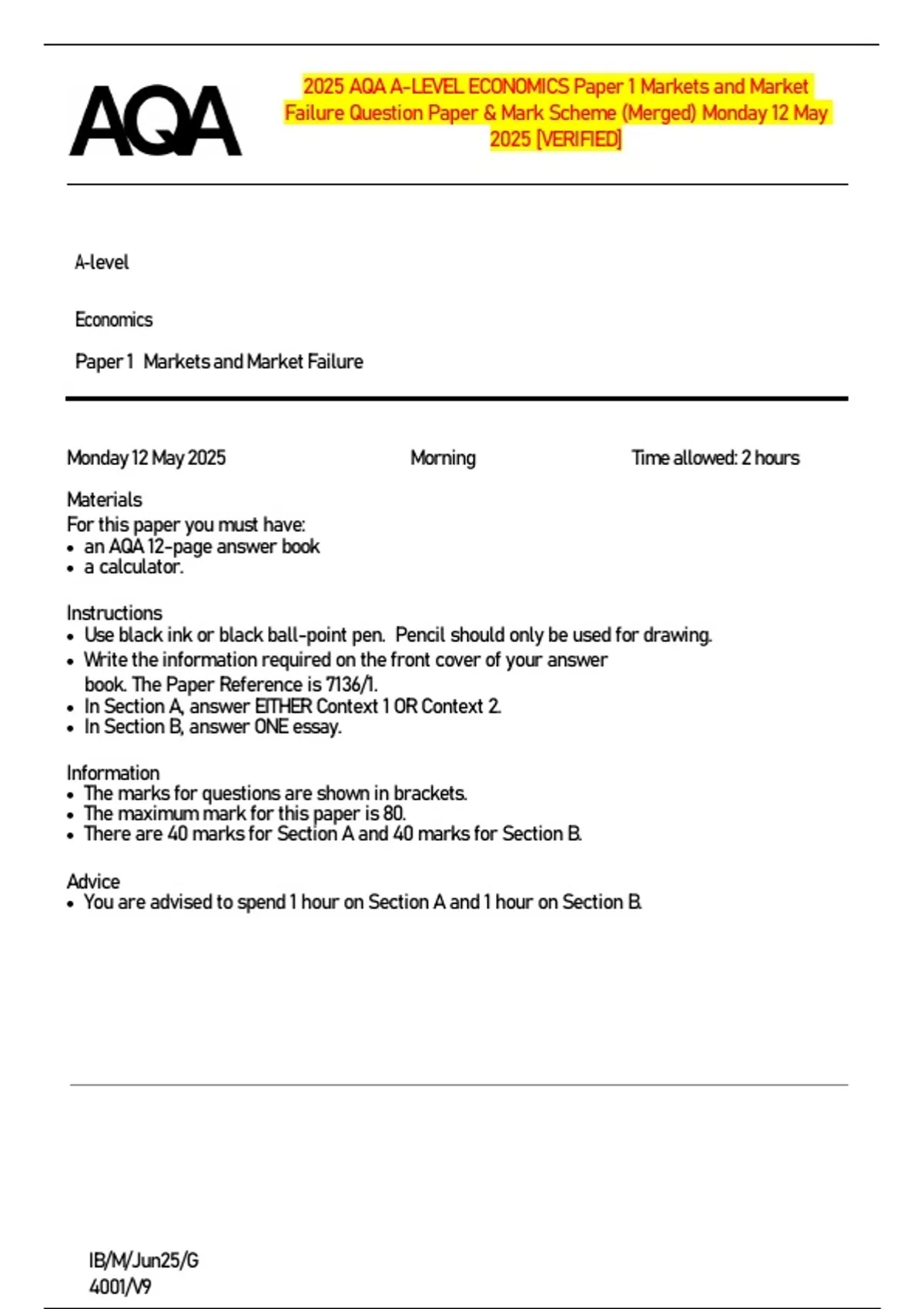 2025 AQA A-LEVEL ECONOMICS Paper 1 Markets and Market Failure Question ...