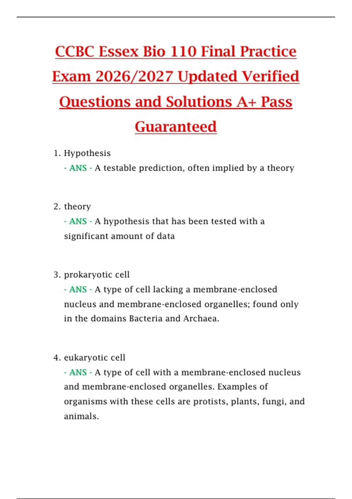 CCBC Essex Bio 110 Final Practice Exam 2026/2027 Updated Verified ...