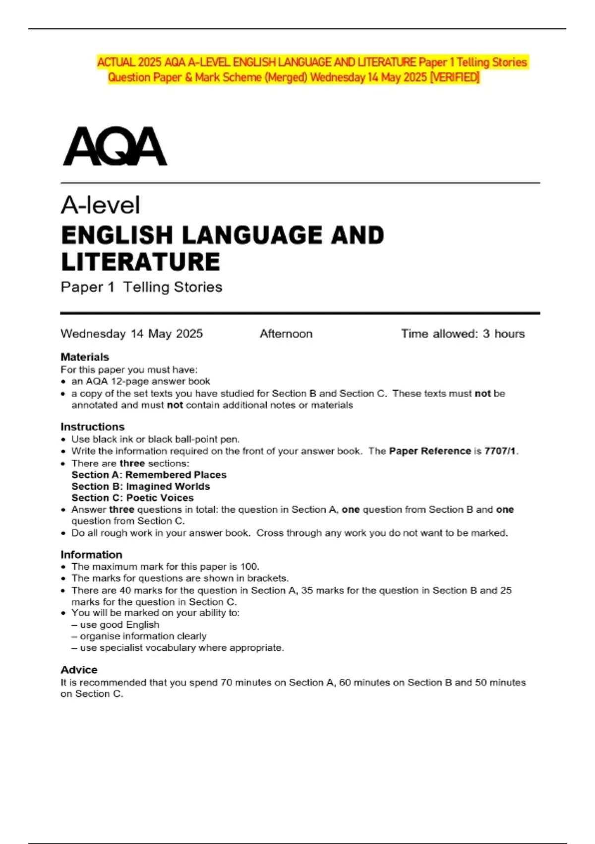 ACTUAL 2025 AQA A-LEVEL ENGLISH LANGUAGE AND LITERATURE Paper 1 Telling ...