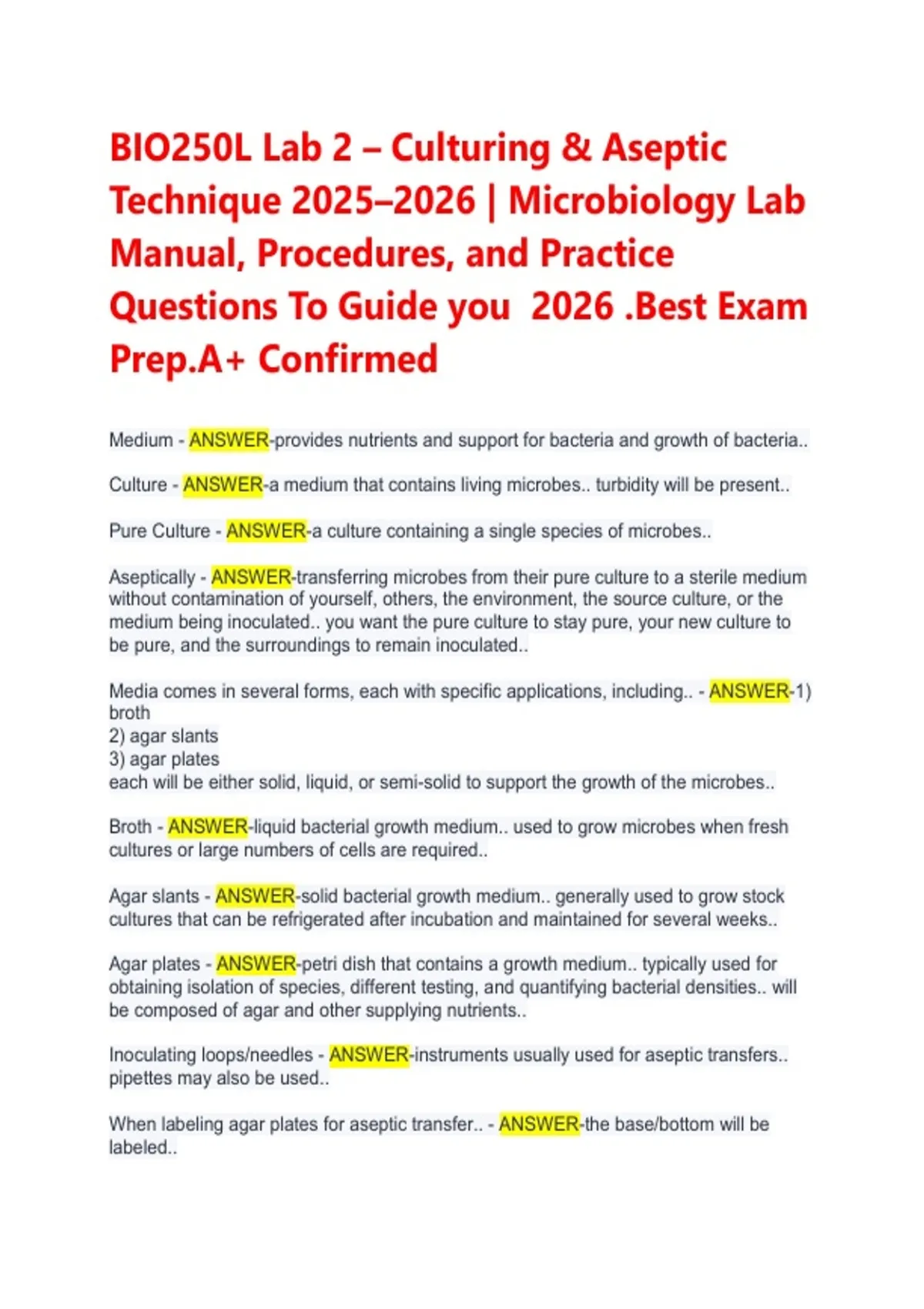 BIO250L Lab 2: Aseptic Technique & Culturing () - BIO250L Lab 2 - Stuvia US