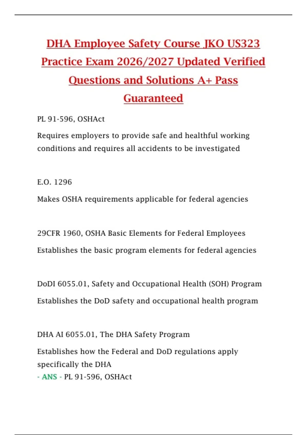 DHA Employee Safety Course JKO US323 Practice Exam 2026/2027 Updated ...