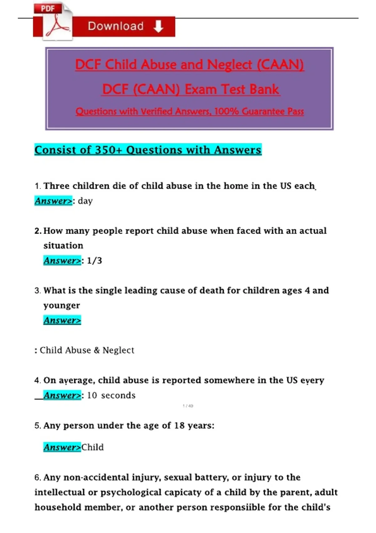 DCF Child Abuse and Neglect (CAAN) DCF (CAAN) Exam Test Bank Questions ...