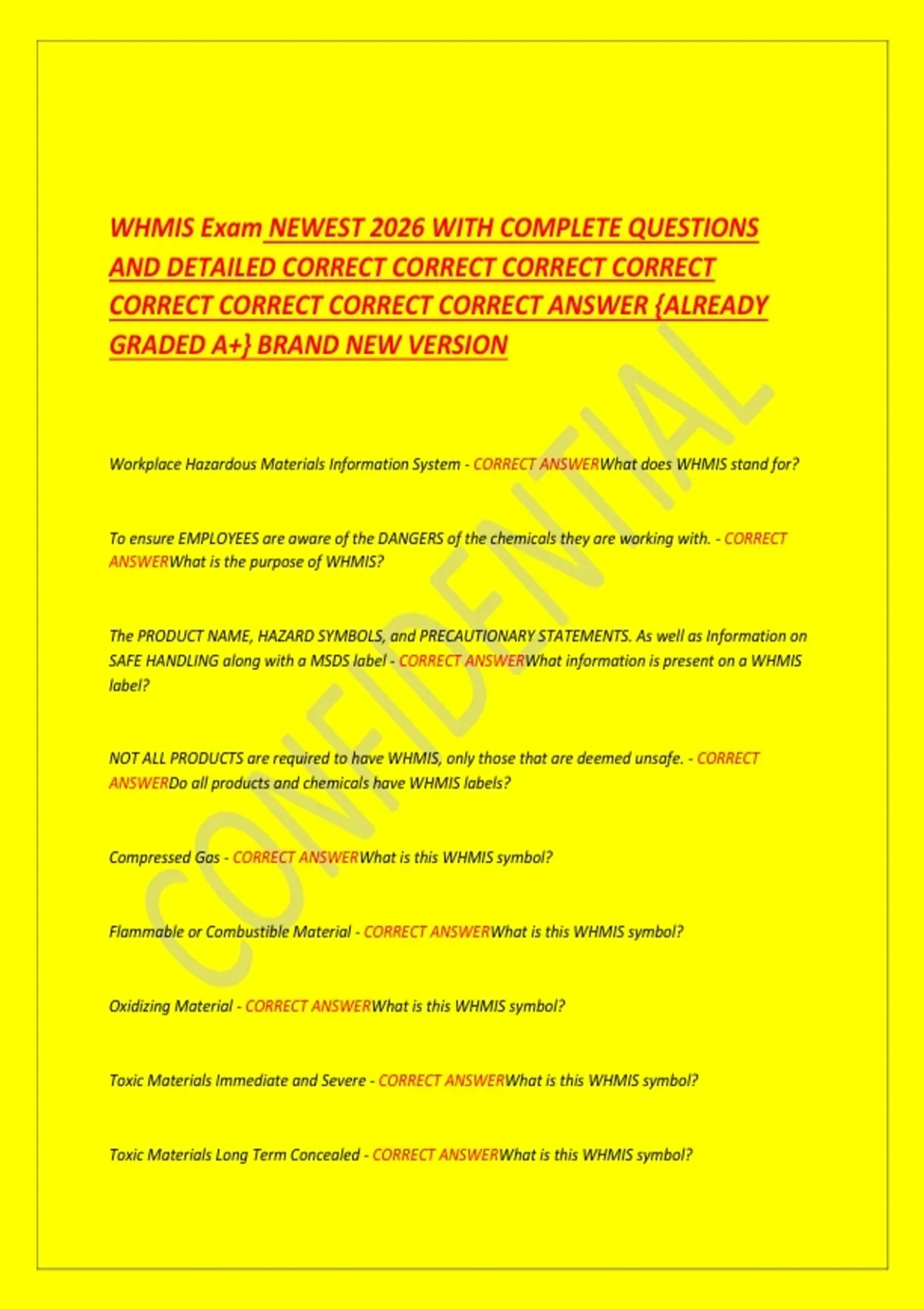 WHMIS Exam NEWEST 2026 WITH COMPLETE QUESTIONS AND DETAILED CORRECT ...