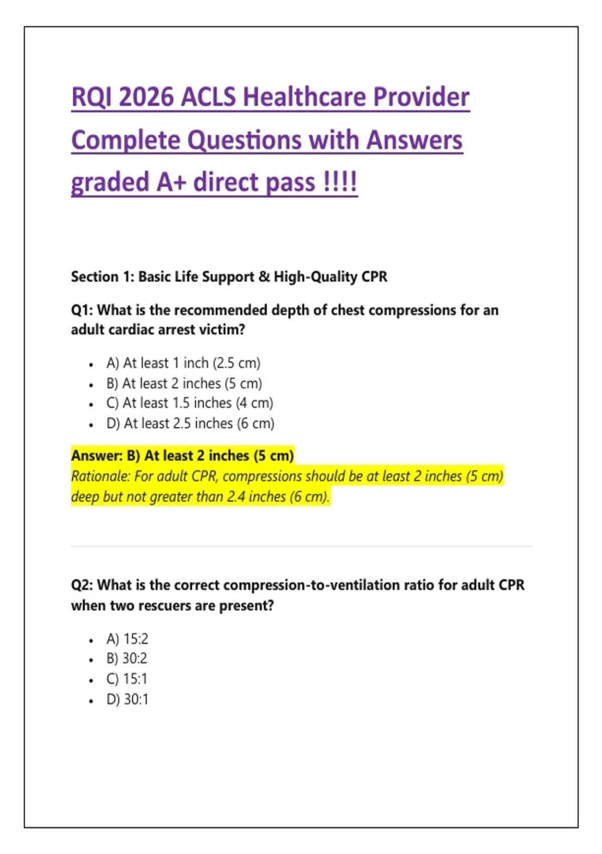 Cpr Rqi Questions RQI 2026 ACLS Healthcare Provider Complete Questions with Answers ...
