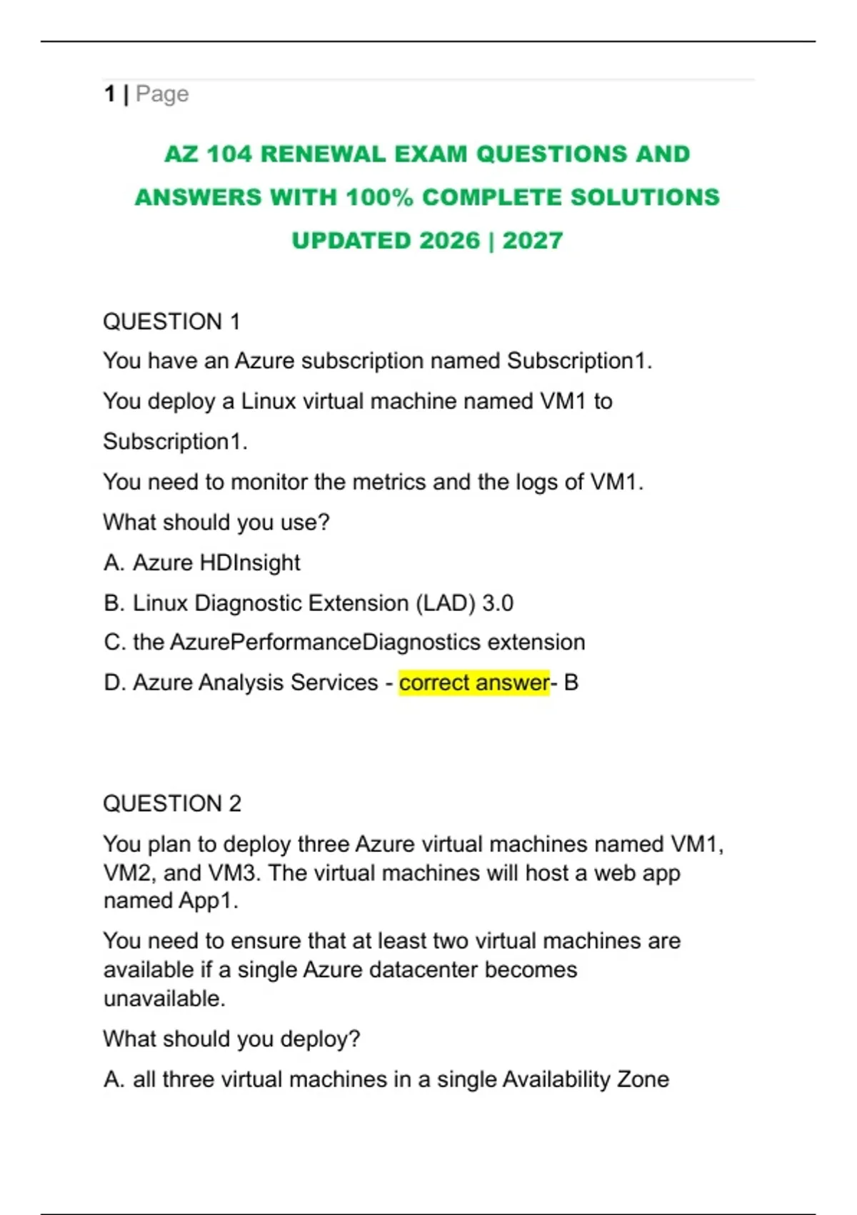 AZ 104 RENEWAL EXAM QUESTIONS AND ANSWERS WITH 100% COMPLETE SOLUTIONS UPDATED 2026 | 2027 - AZ ...