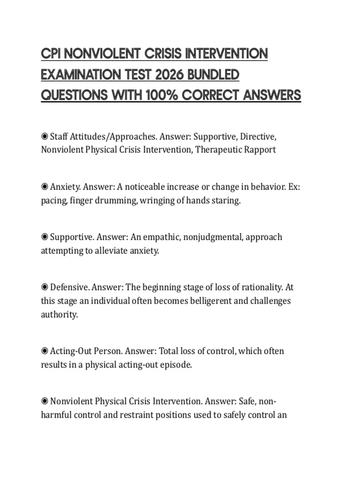 CPI NONVIOLENT CRISIS INTERVENTION TRAINING 2ND EDITION EXAMINATION ...