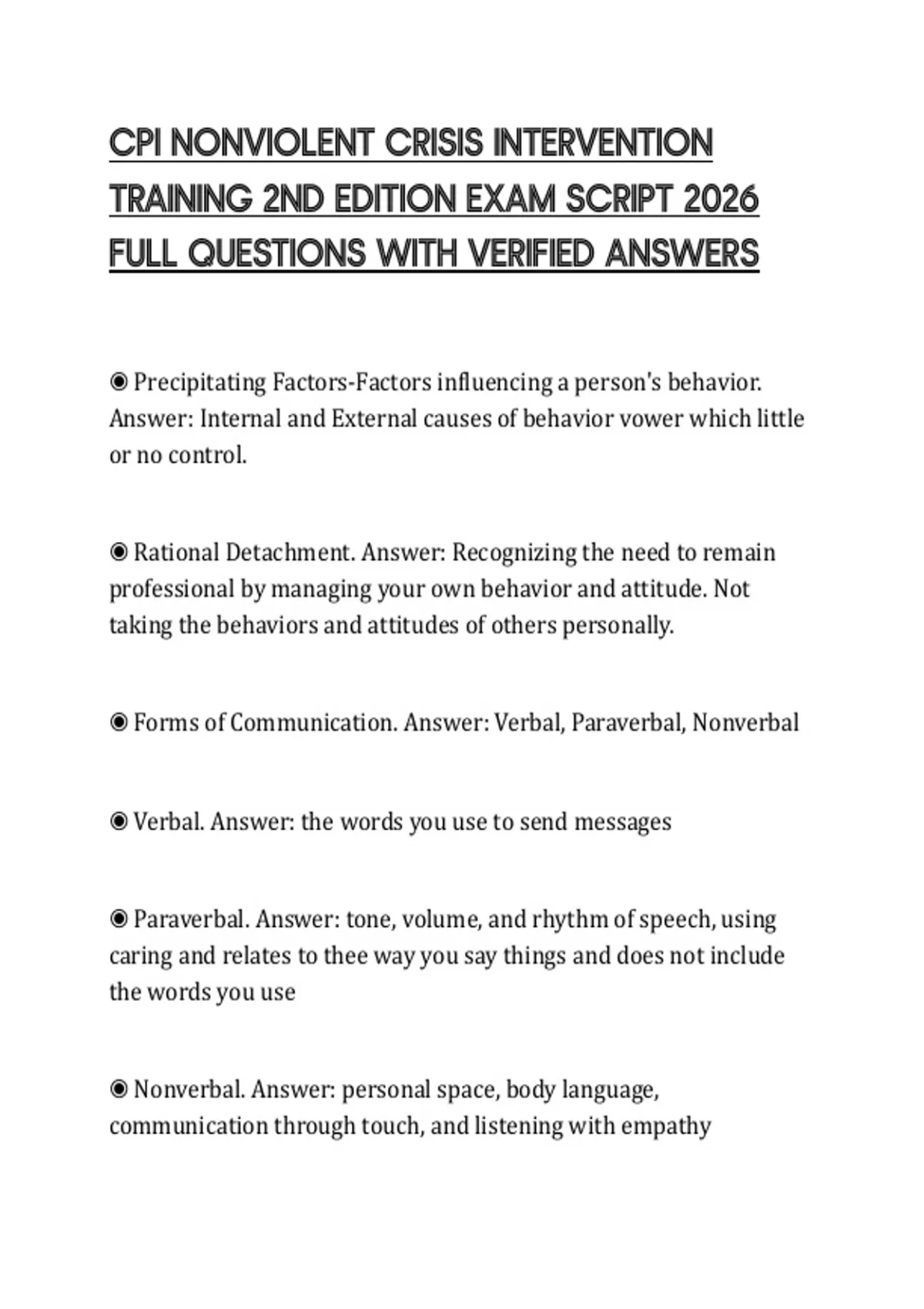 CPI NONVIOLENT CRISIS INTERVENTION TRAINING 2ND EDITION EXAM SCRIPT 2026 FULL QUESTIONS WITH ...