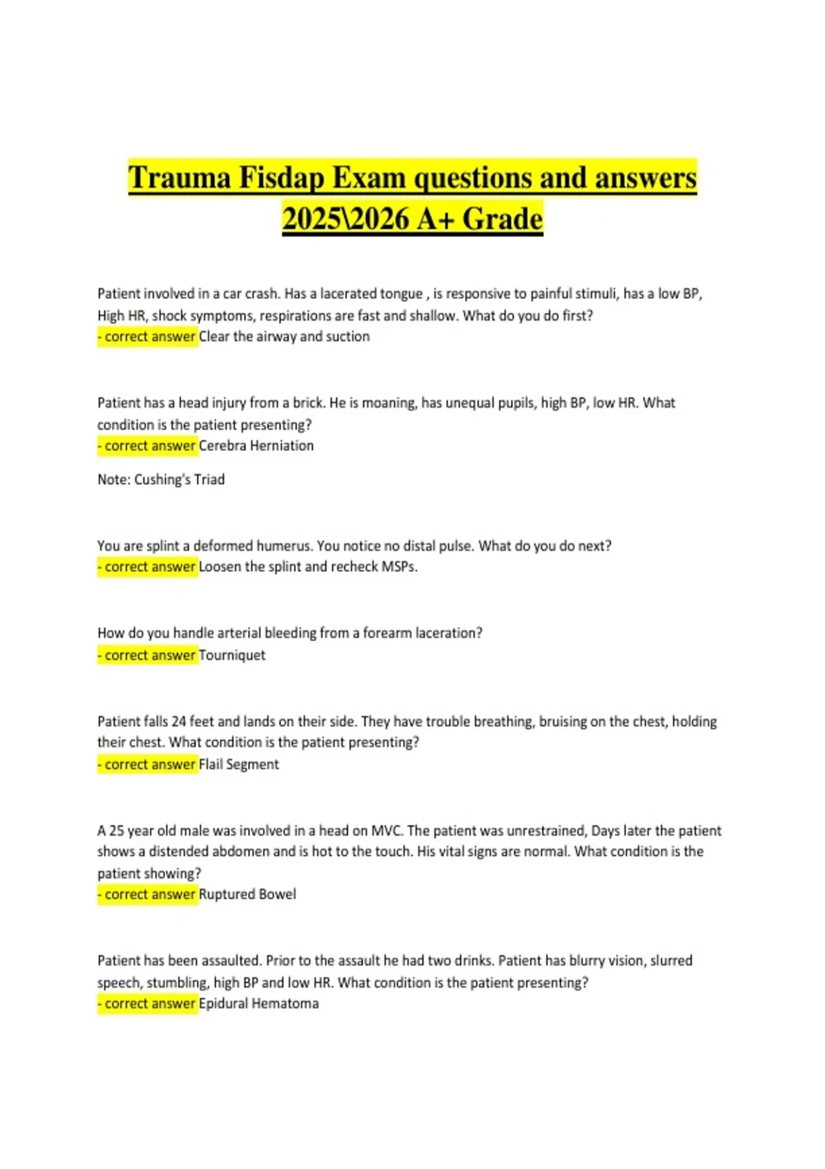 FISDAP Trauma Exam | Verified Practice Questions & Correct Detailed ...