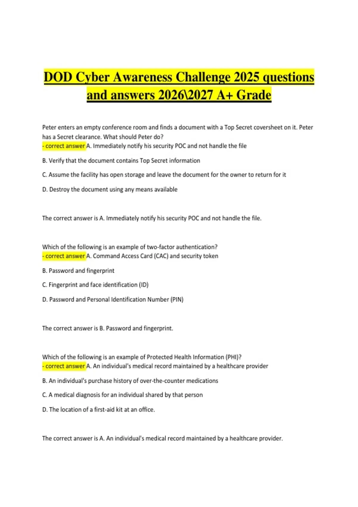 DoD Cyber Awareness Challenge 2025/2026/2027 | Verified Practice ...