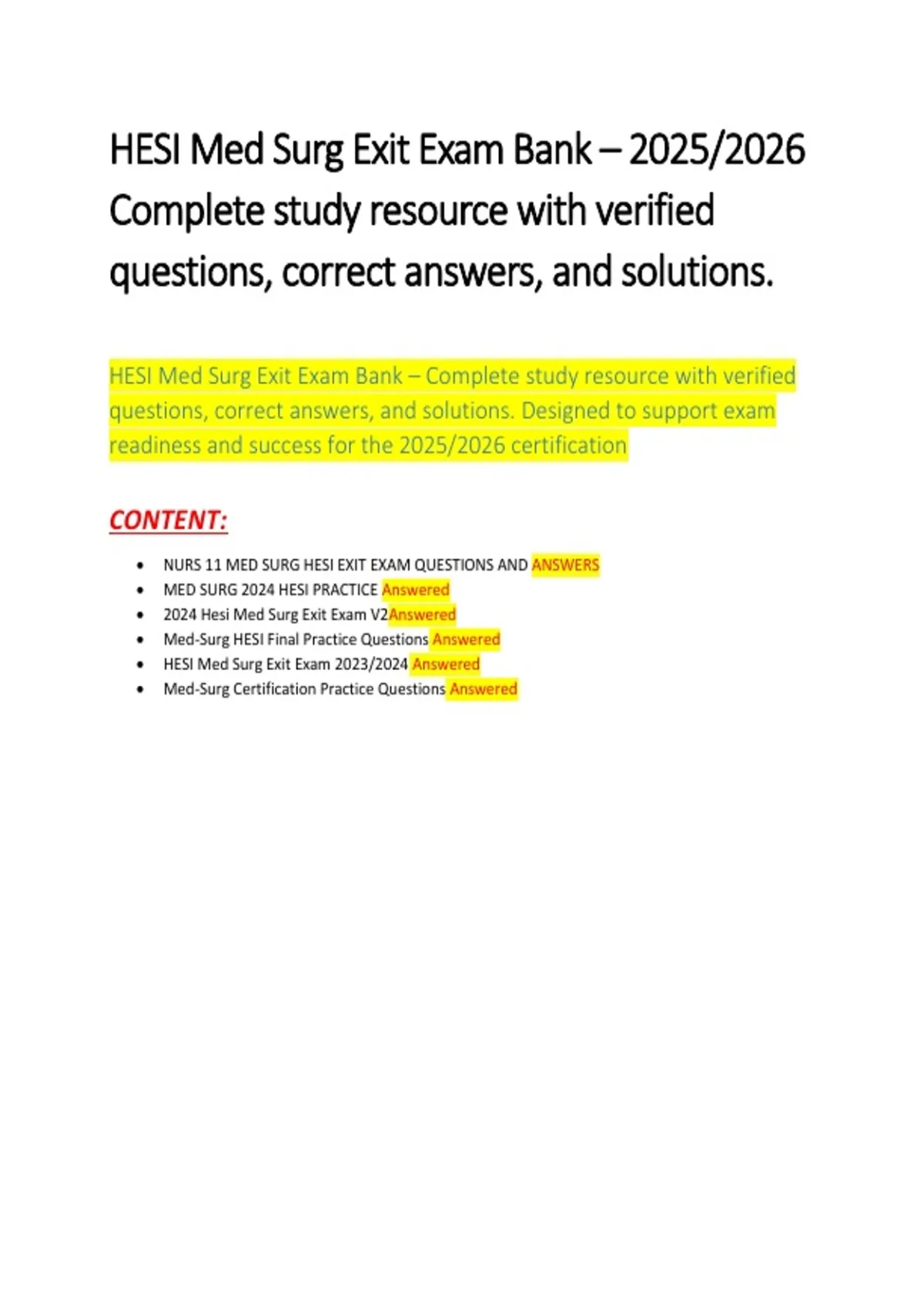 HESI Med Surg Exit Exam Bank Questions and Answers 2025/ 2026 - Medical ...