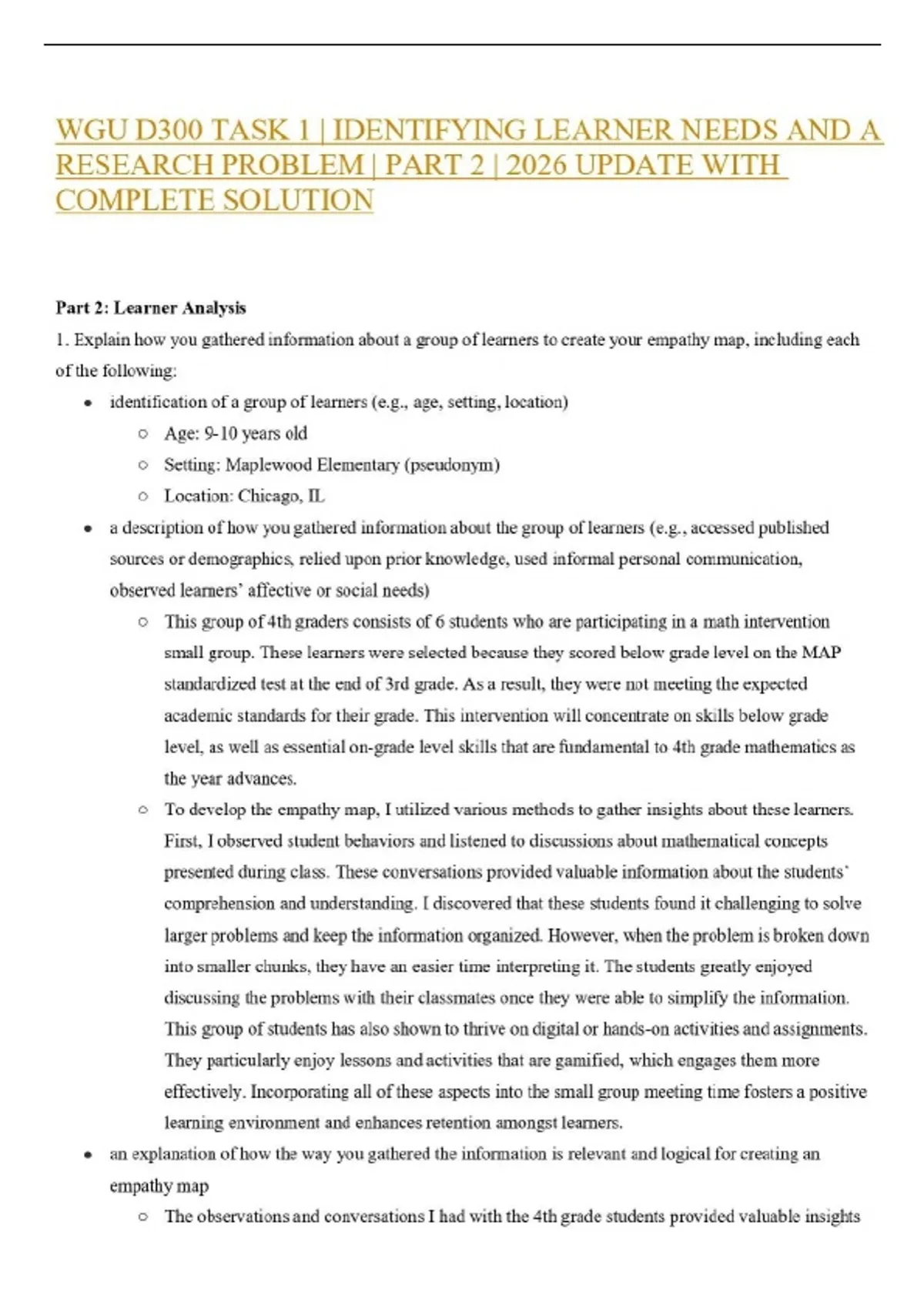 D301 Task 1 Example WGU D300 TASK 1 | IDENTIFYING LEARNER NEEDS AND A RESEARCH PROBLEM ...
