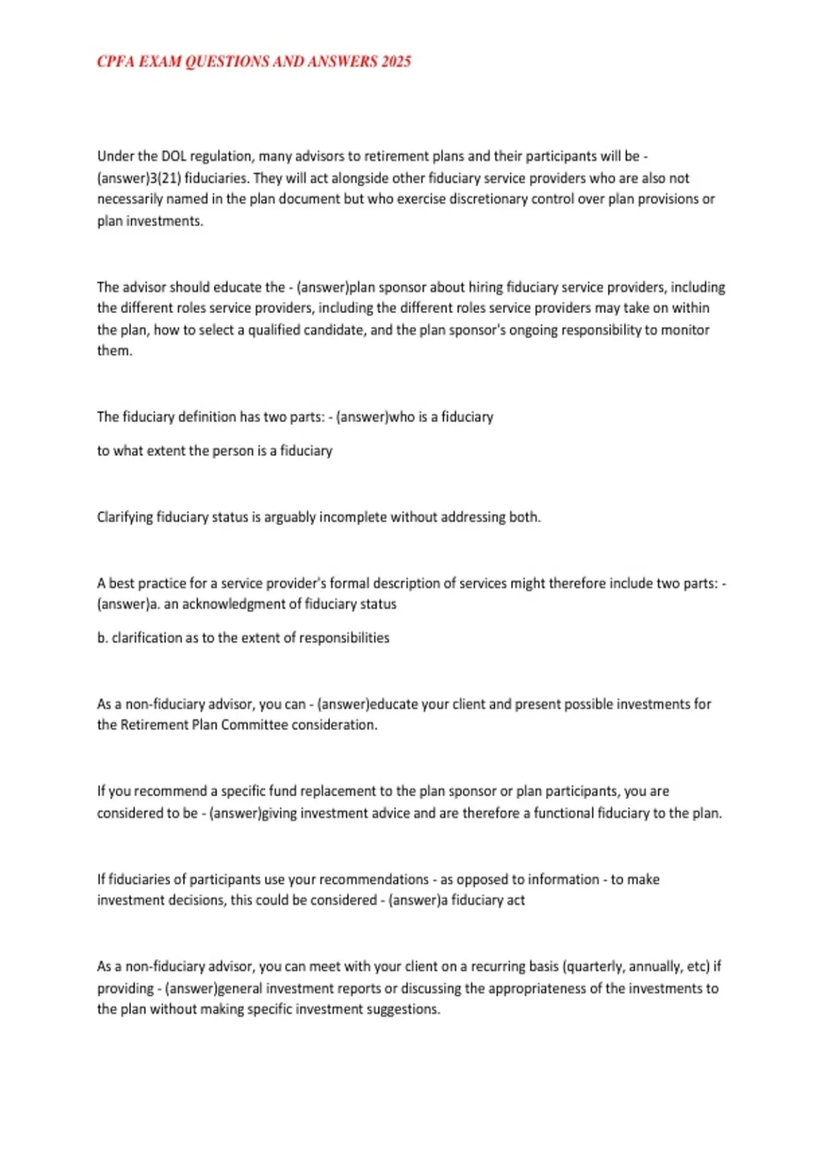 CPFA EXAM QUESTIONS AND ANSWERS 2025 - CPFA, - Stuvia US