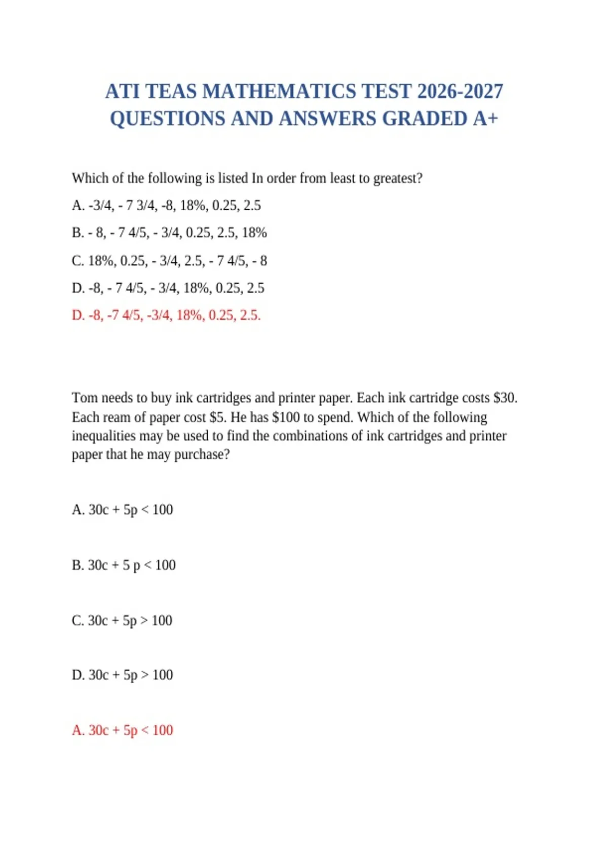 ATI TEAS MATHEMATICS TEST QUESTIONS AND ANSWERS GRADED A+ - ATI TEAS ...