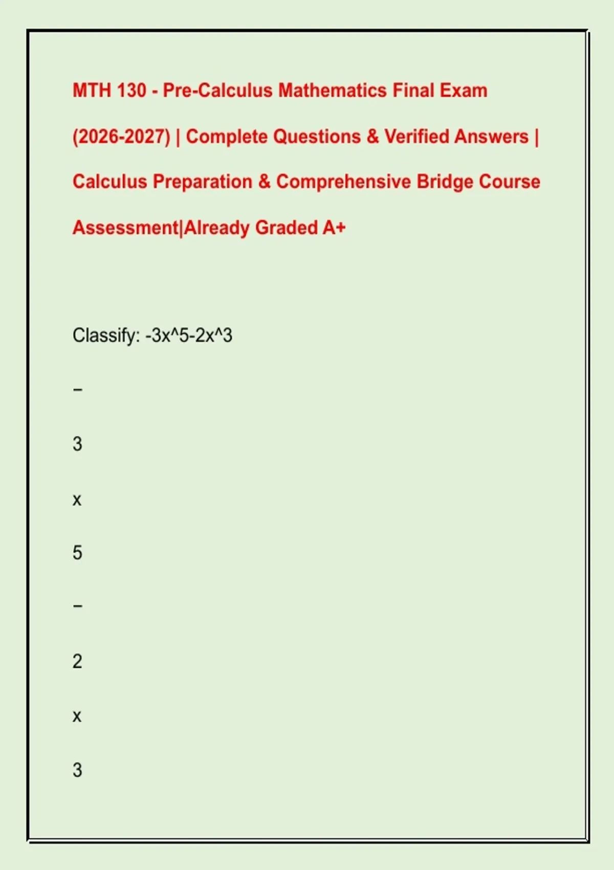 MTH 130 - Pre-Calculus Mathematics Final Exam () | Complete Questions ...