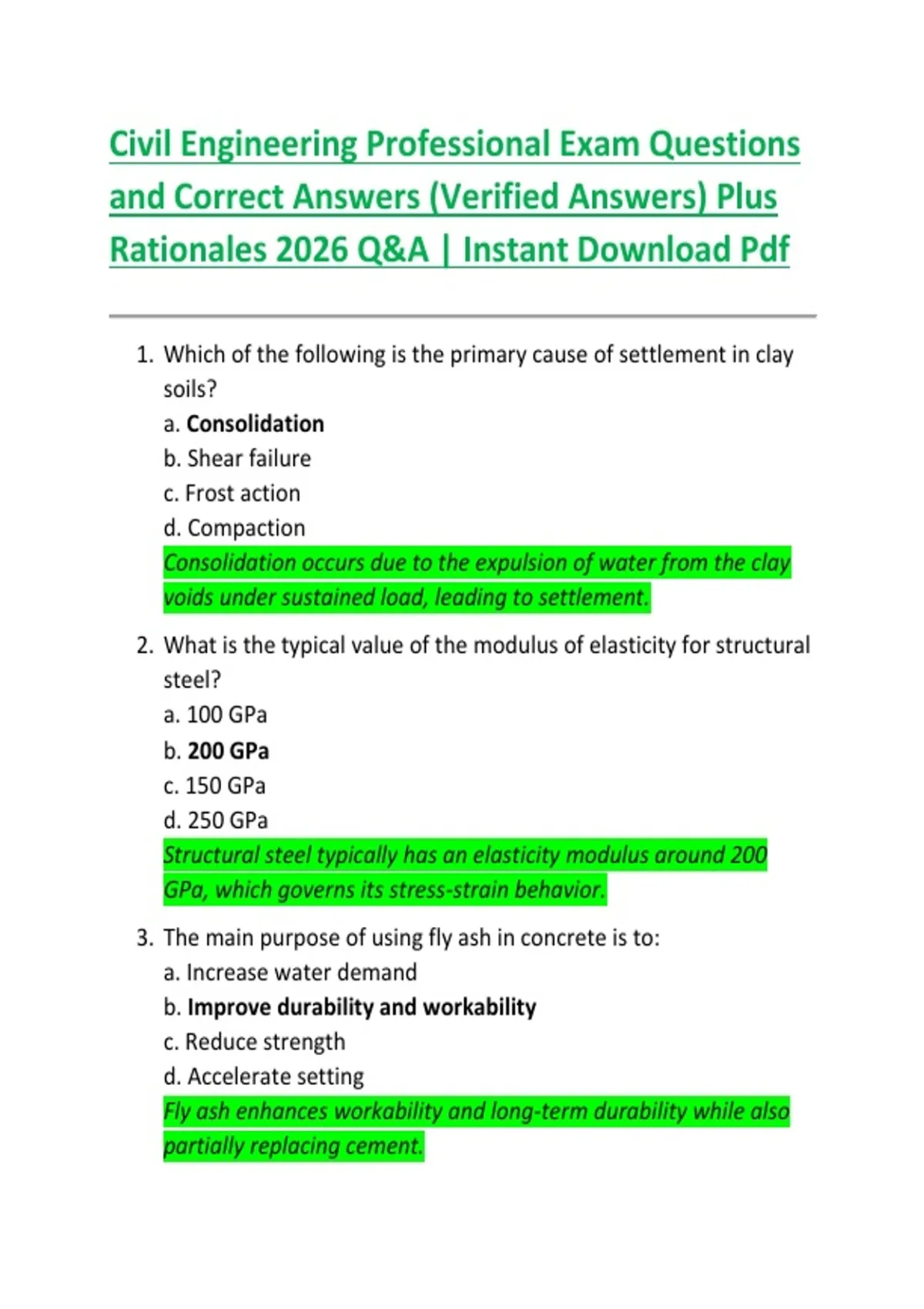 Civil Engineering Professional Exam Questions and Correct Answers ...