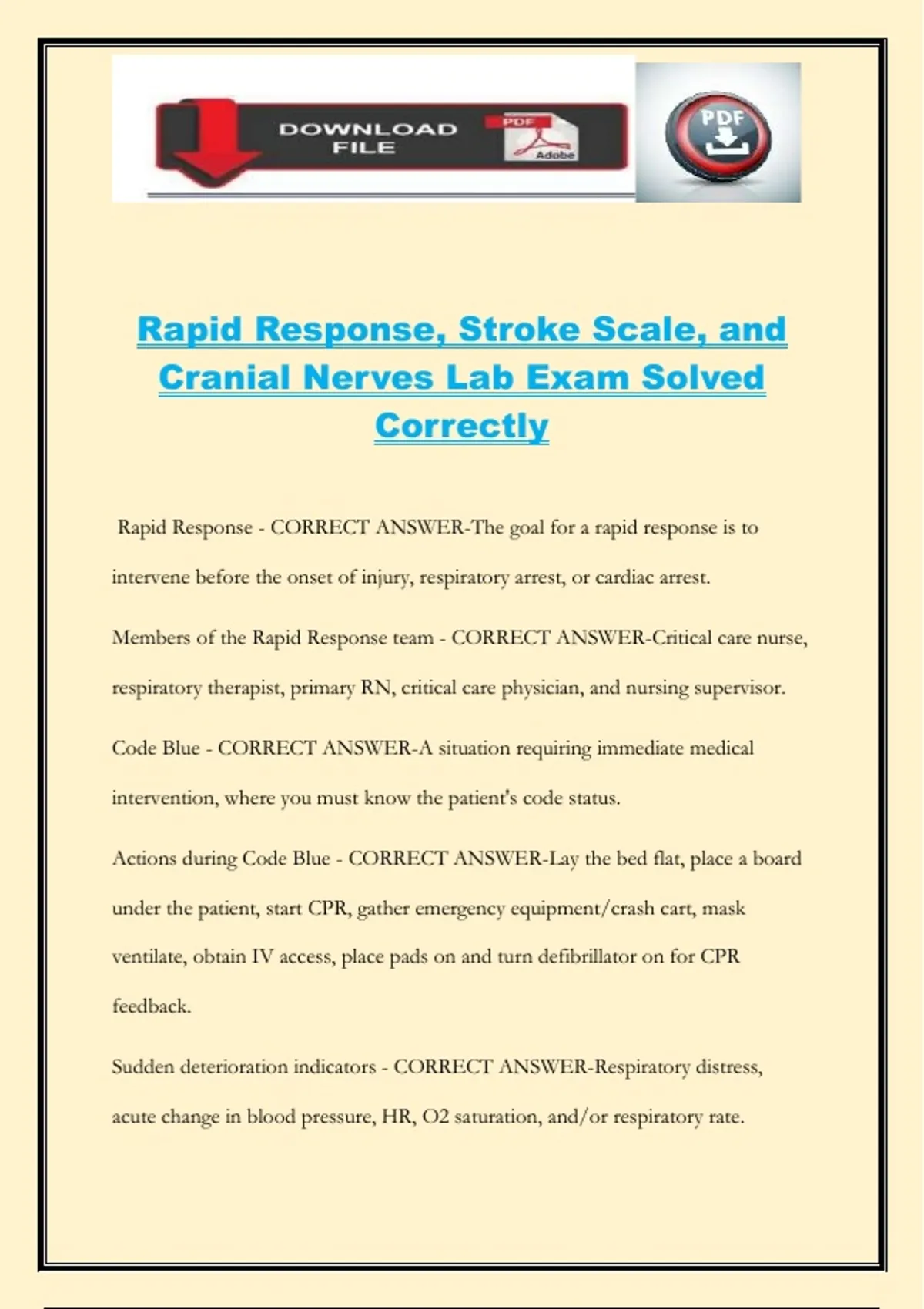 Rapid Response, Stroke Scale, and Cranial Nerves Lab Exam Solved ...