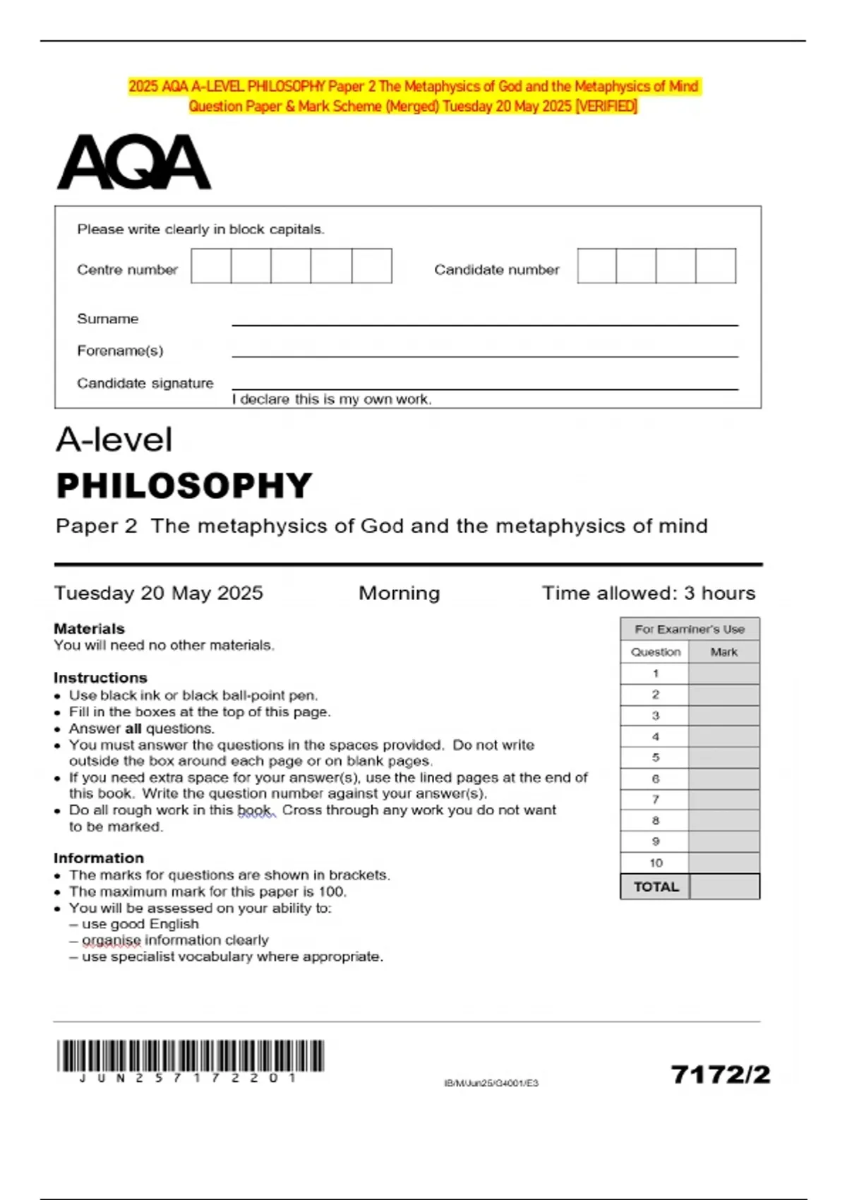 2025 AQA A-LEVEL PHILOSOPHY Paper 2 The Metaphysics of God and the ...
