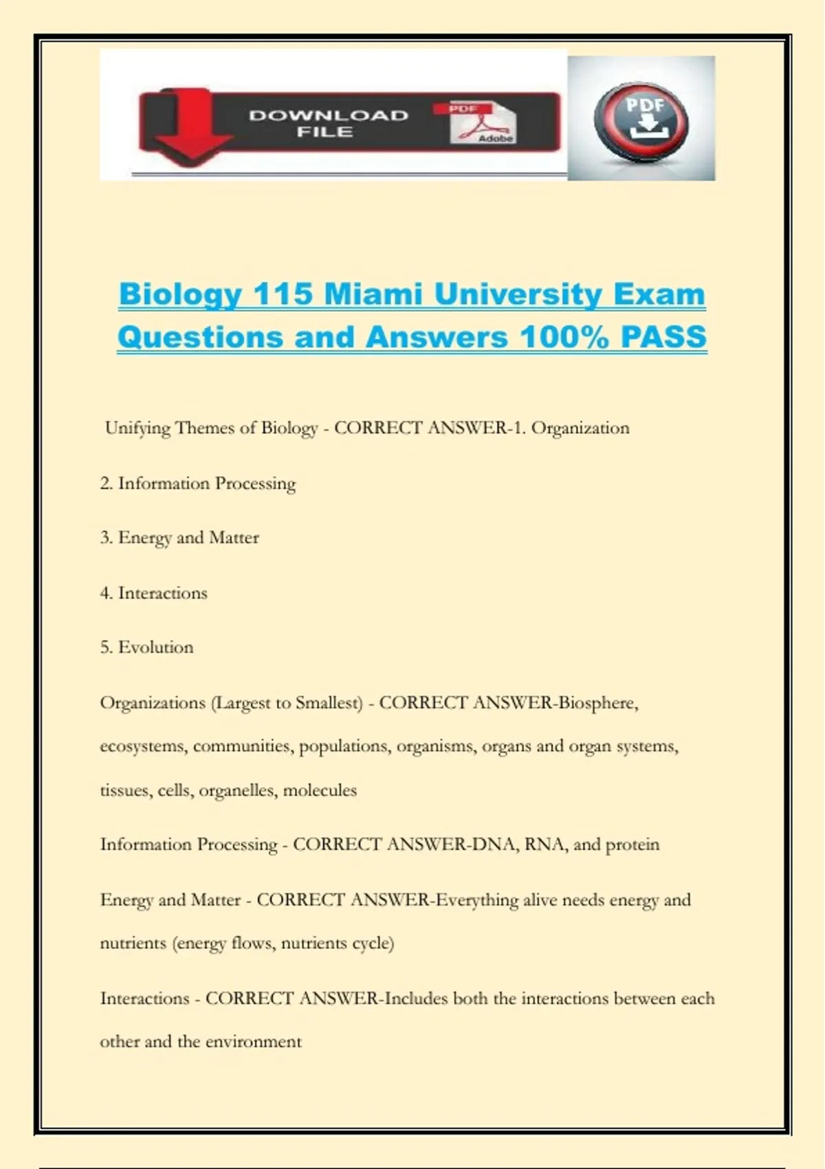 Biology 115 Miami University Exam Questions and Answers 100% PASS - Bio ...