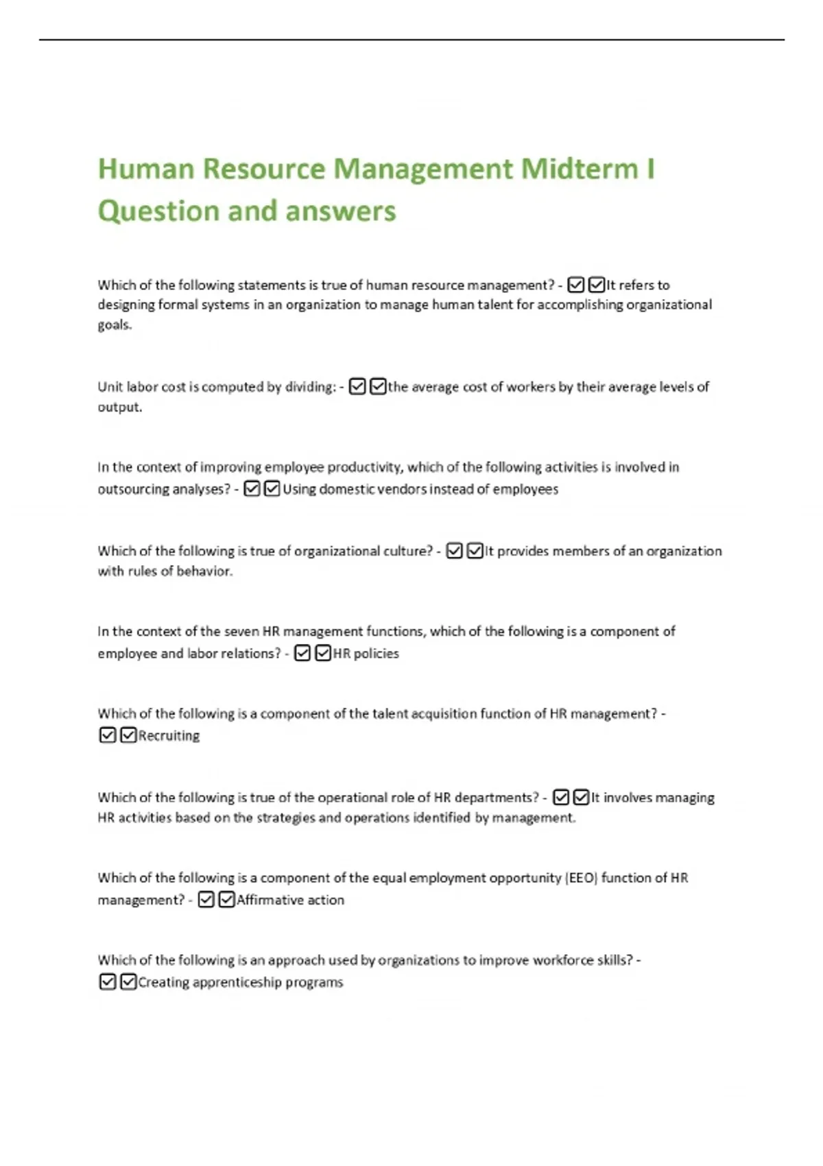 Human Resource Management Midterm I Question and answers - HESI ...