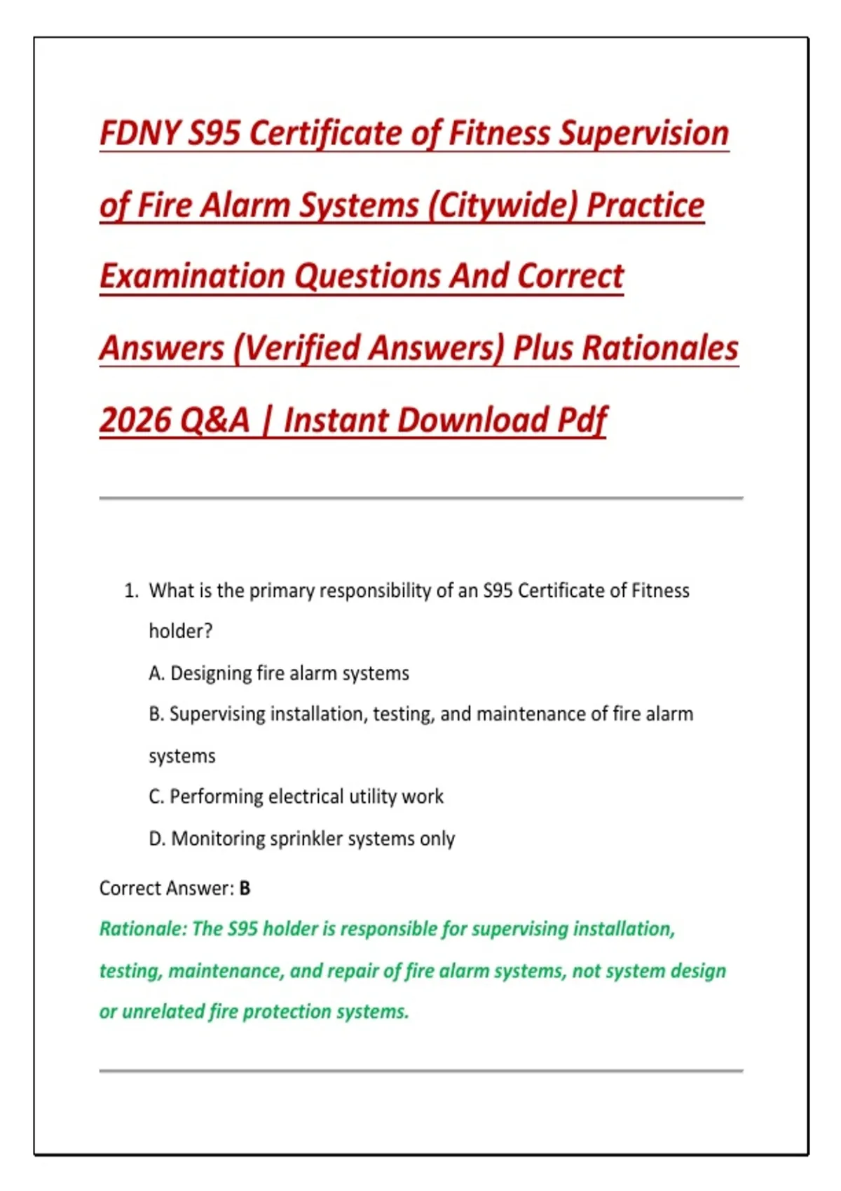 FDNY S95 Certificate of Fitness Supervision of Fire Alarm Systems (Citywide) Practice ...