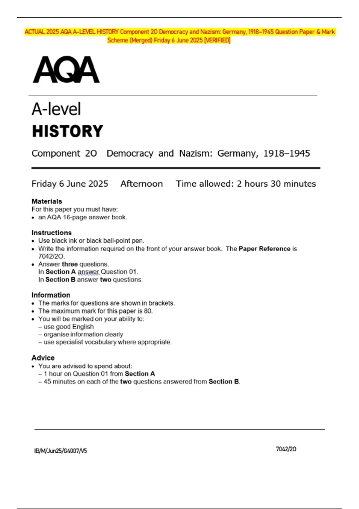 ACTUAL 2025 AQA A-LEVEL HISTORY Component 2O Democracy and Nazism ...