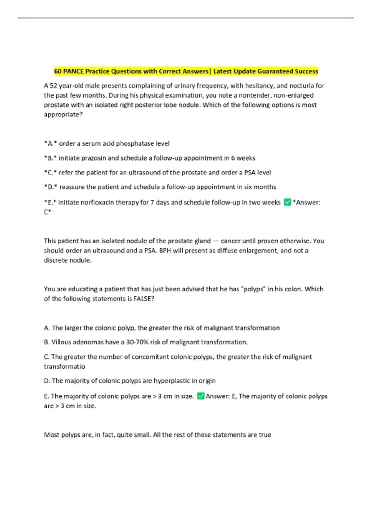 60 PANCE Practice Questions with Correct Answers| Latest Update - PANCE ...