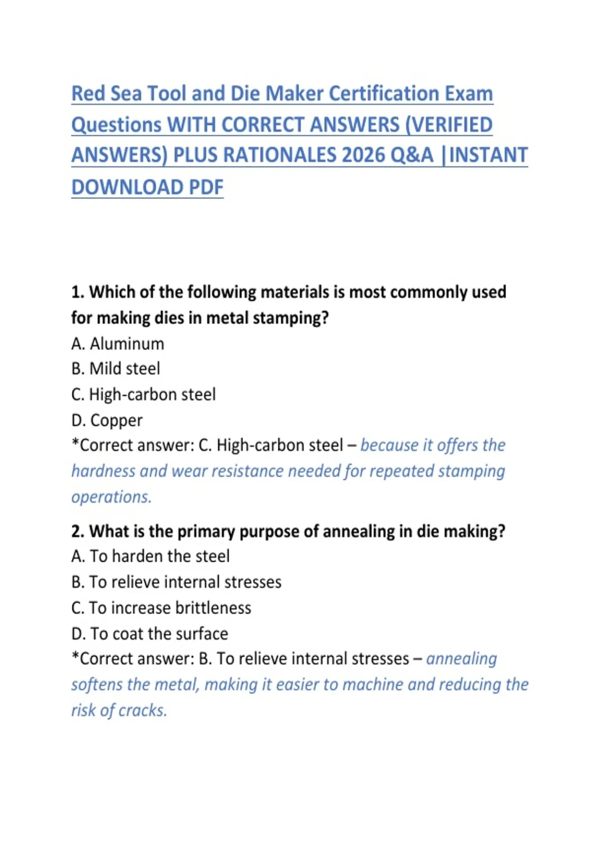 Red Sea Tool and Die Maker Certification Exam Questions with Answers ...