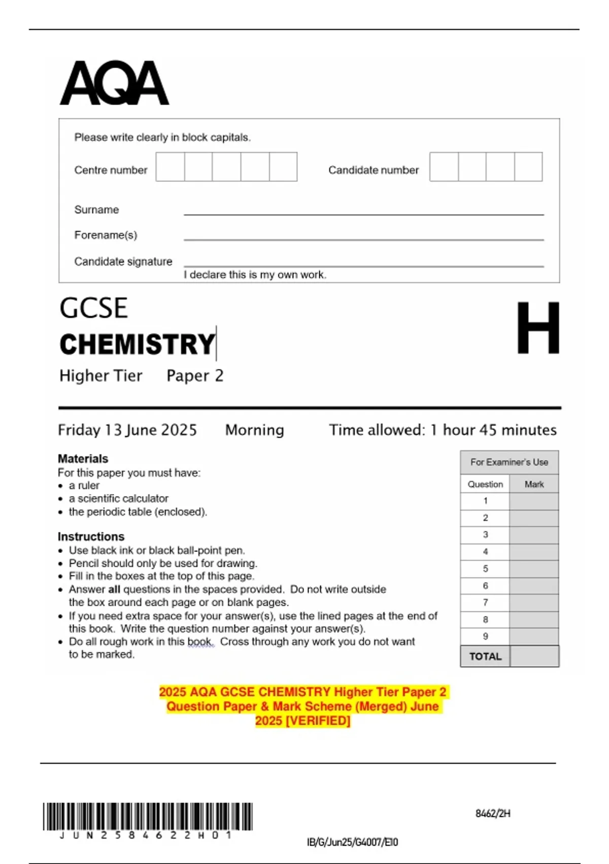 2025 AQA GCSE CHEMISTRY Higher Tier Paper 2 Question Paper & Mark ...