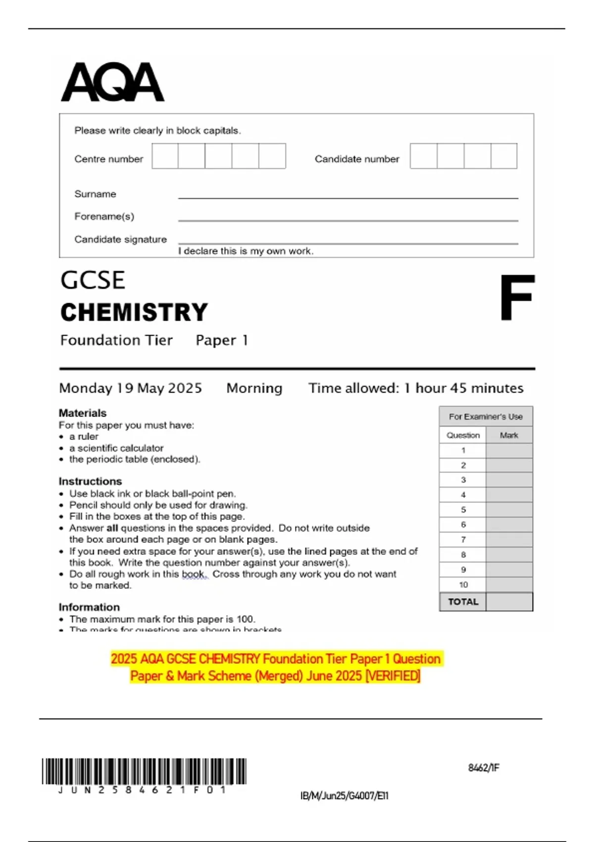 2025 AQA GCSE CHEMISTRY Foundation Tier Paper 1 Question Paper & Mark ...