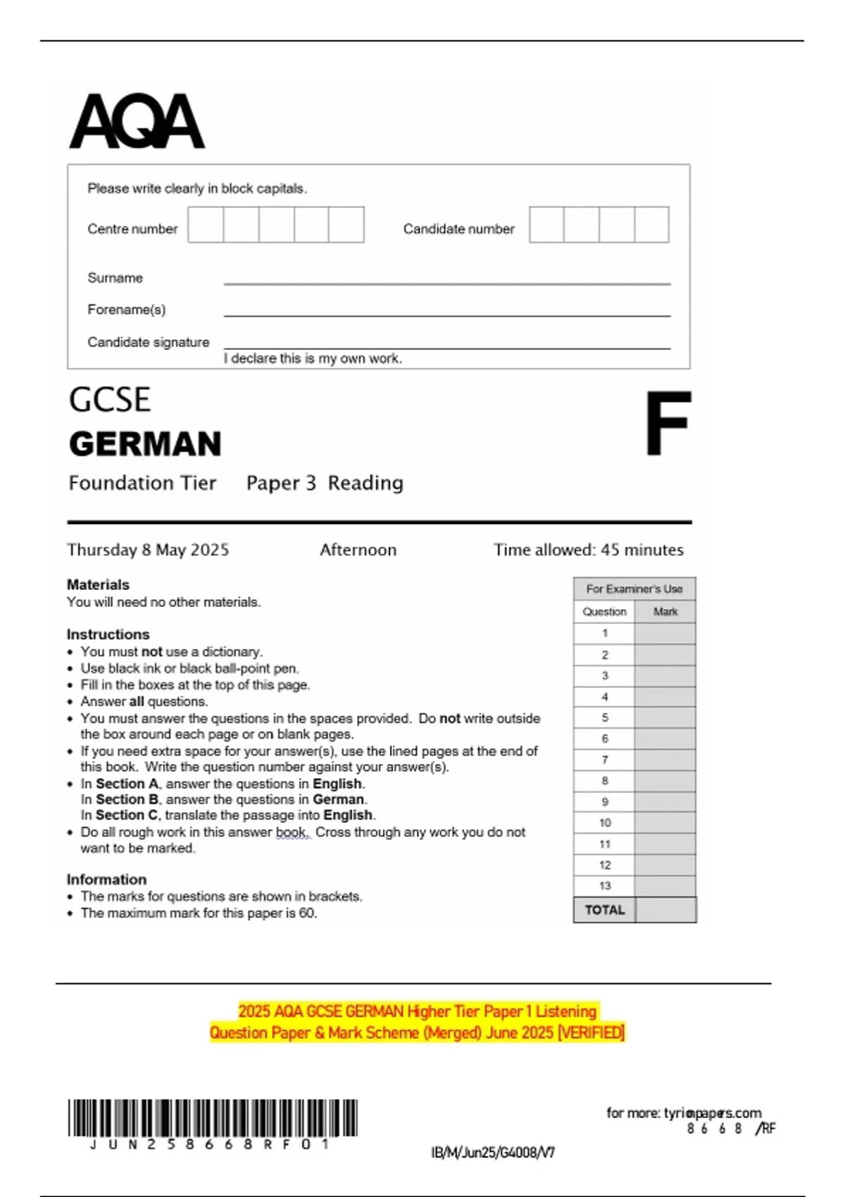 2025 AQA GCSE GERMAN Higher Tier Paper 1 Listening Question Paper ...