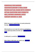 ESSENTIALS FOR NURSING ASSISTANTS&sol;MOSBY&rsquo;S FINAL EXAM REVIEW &lpar;ACTUAL EXAM&rpar; WITH CORRECT ACTUAL QUESTIONS AND CORRECTLY WELL DEFINED ANSWERS LATEST ALREADY GRADED A&plus; 2026