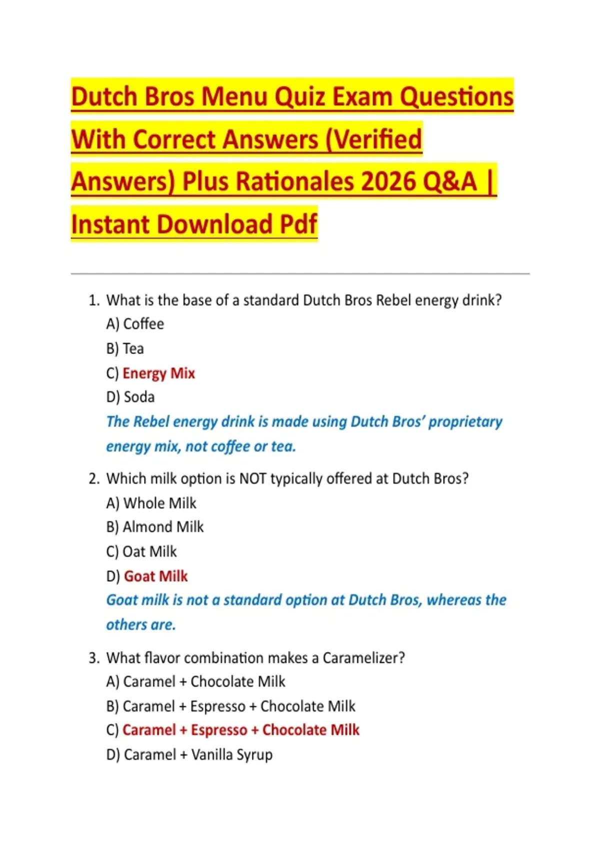 Dutch Bros Menu Quiz Exam Questions With Correct Answers (Verified ...