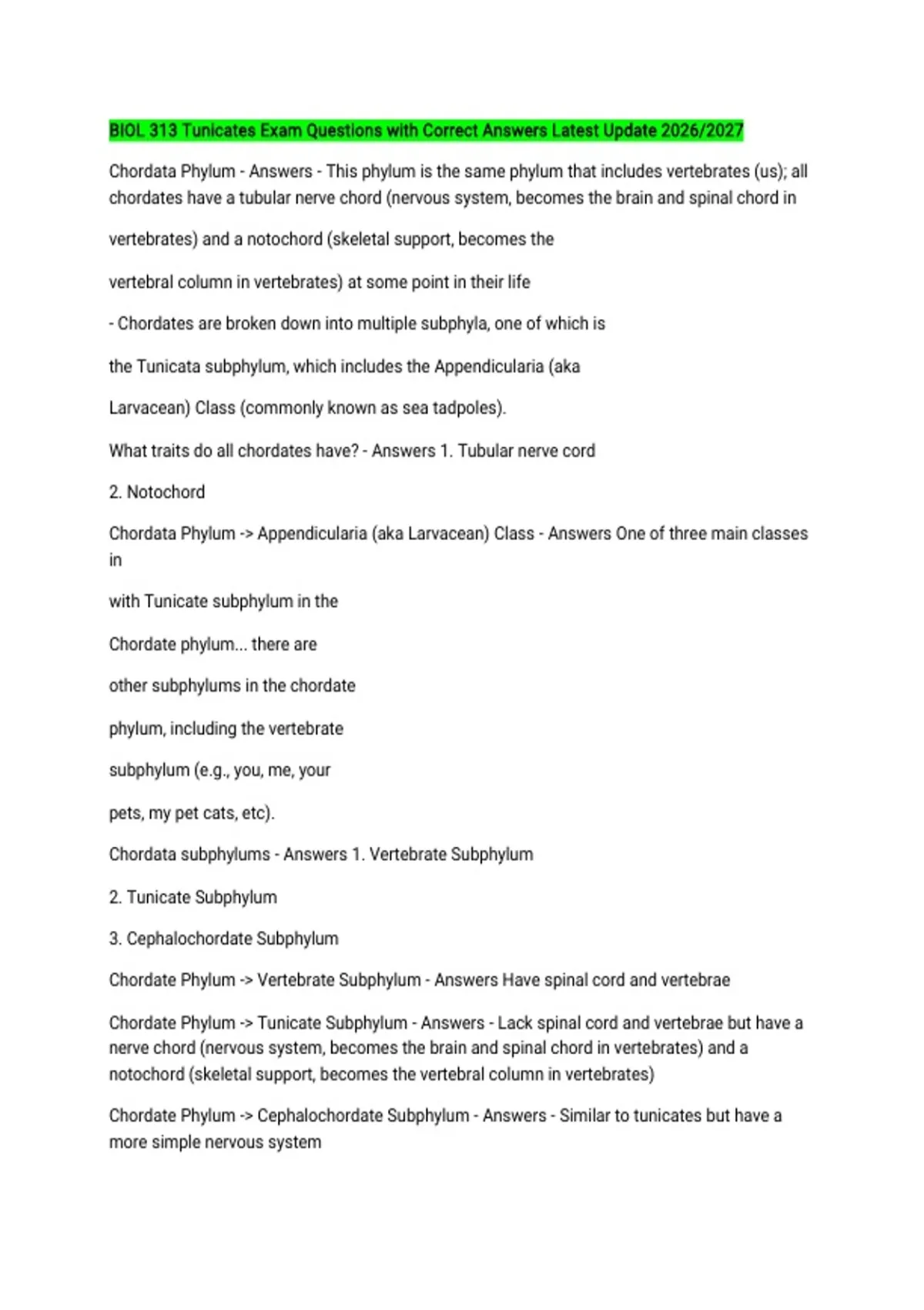 BIOL 313 Tunicates Exam Questions with Correct Answers Latest Update ...