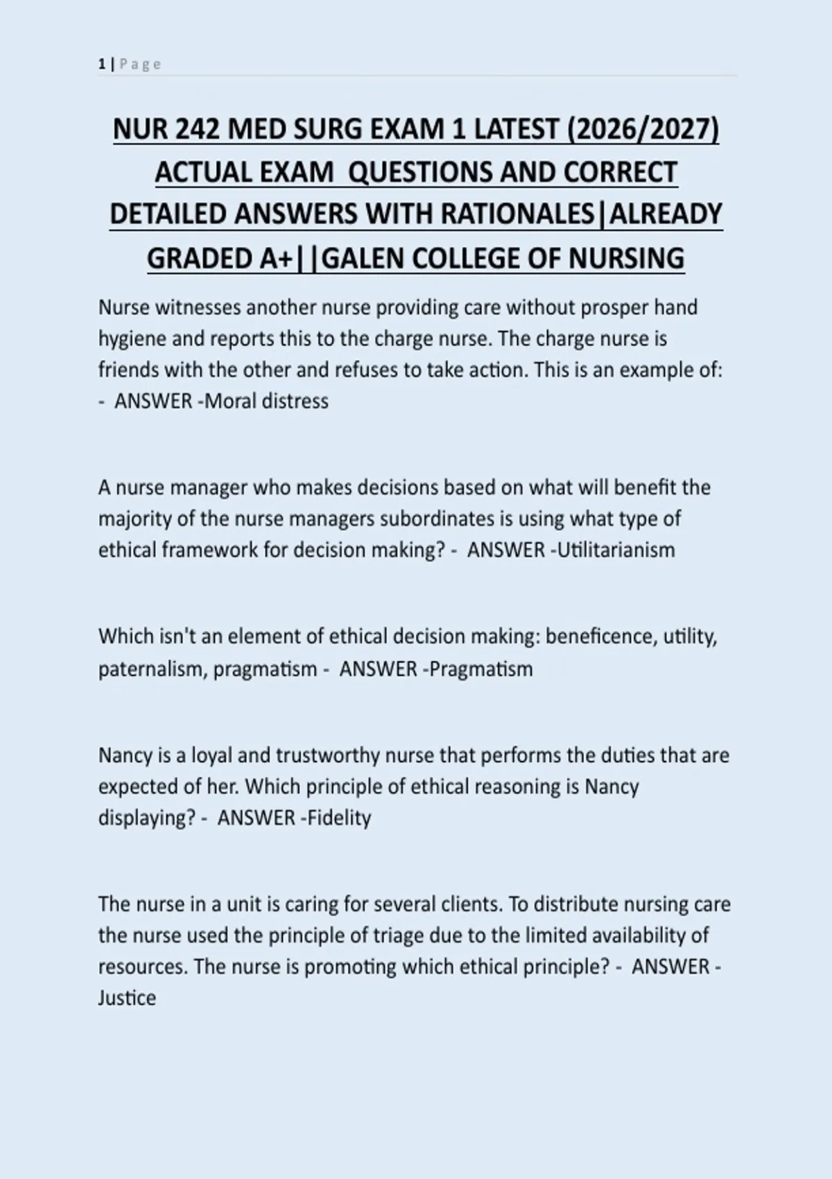 NUR 242 MED SURG EXAM 1 LATEST (2026/2027) ACTUAL EXAM QUESTIONS AND ...