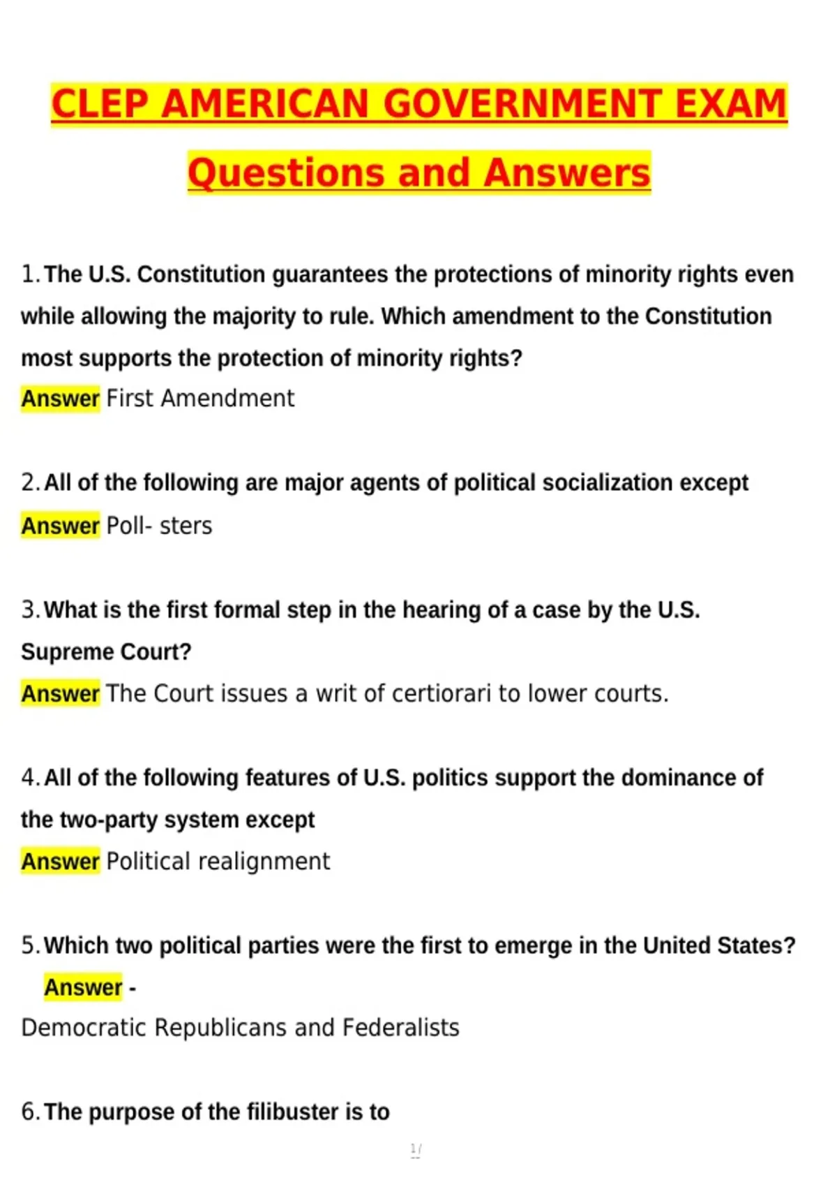 CLEP American Government Exam (Latest 2026 / 2027 Update) Questions and ...