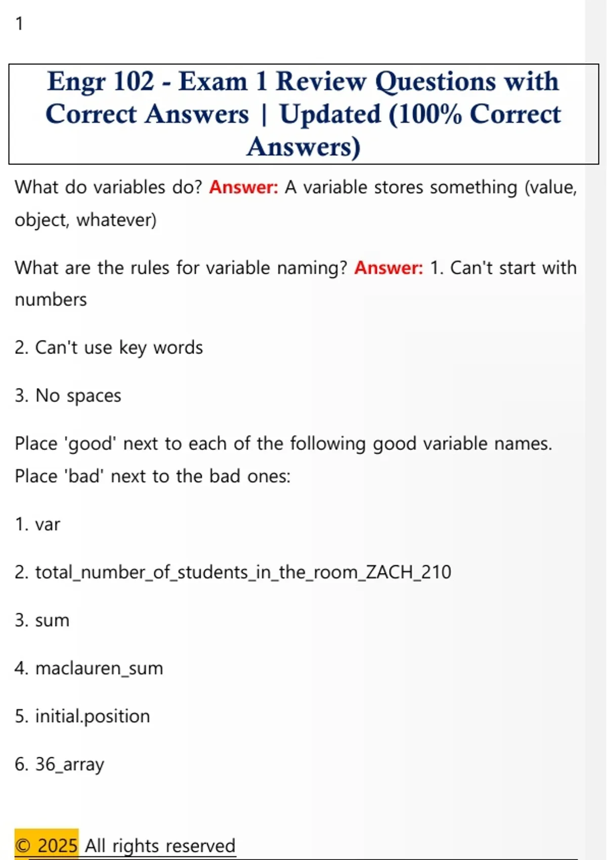 Engr 102 - Exam 1 Review Questions with Correct Answers | Updated (100% ...