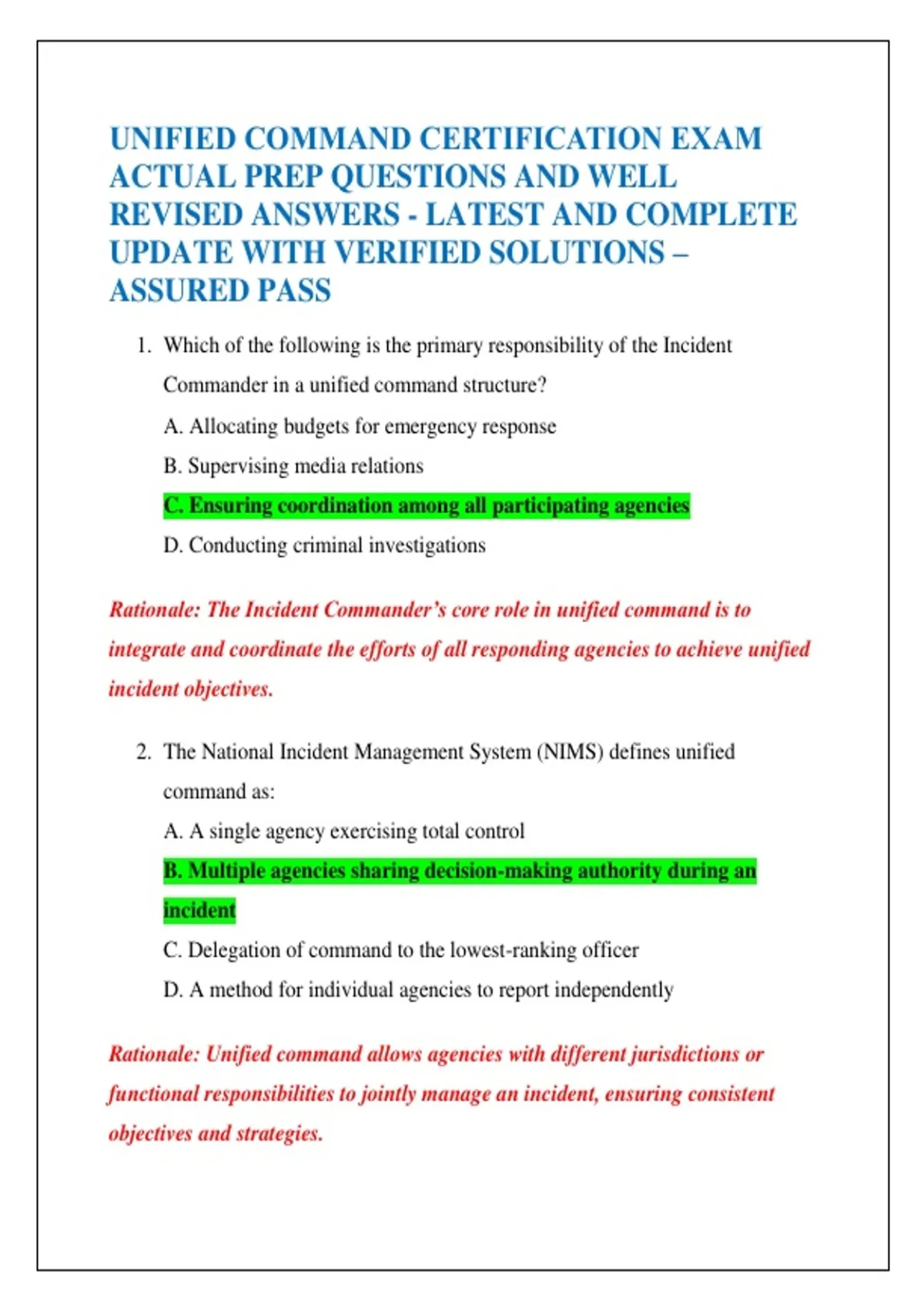 UNIFIED COMMAND CERTIFICATION EXAM ACTUAL PREP QUESTIONS AND WELL ...