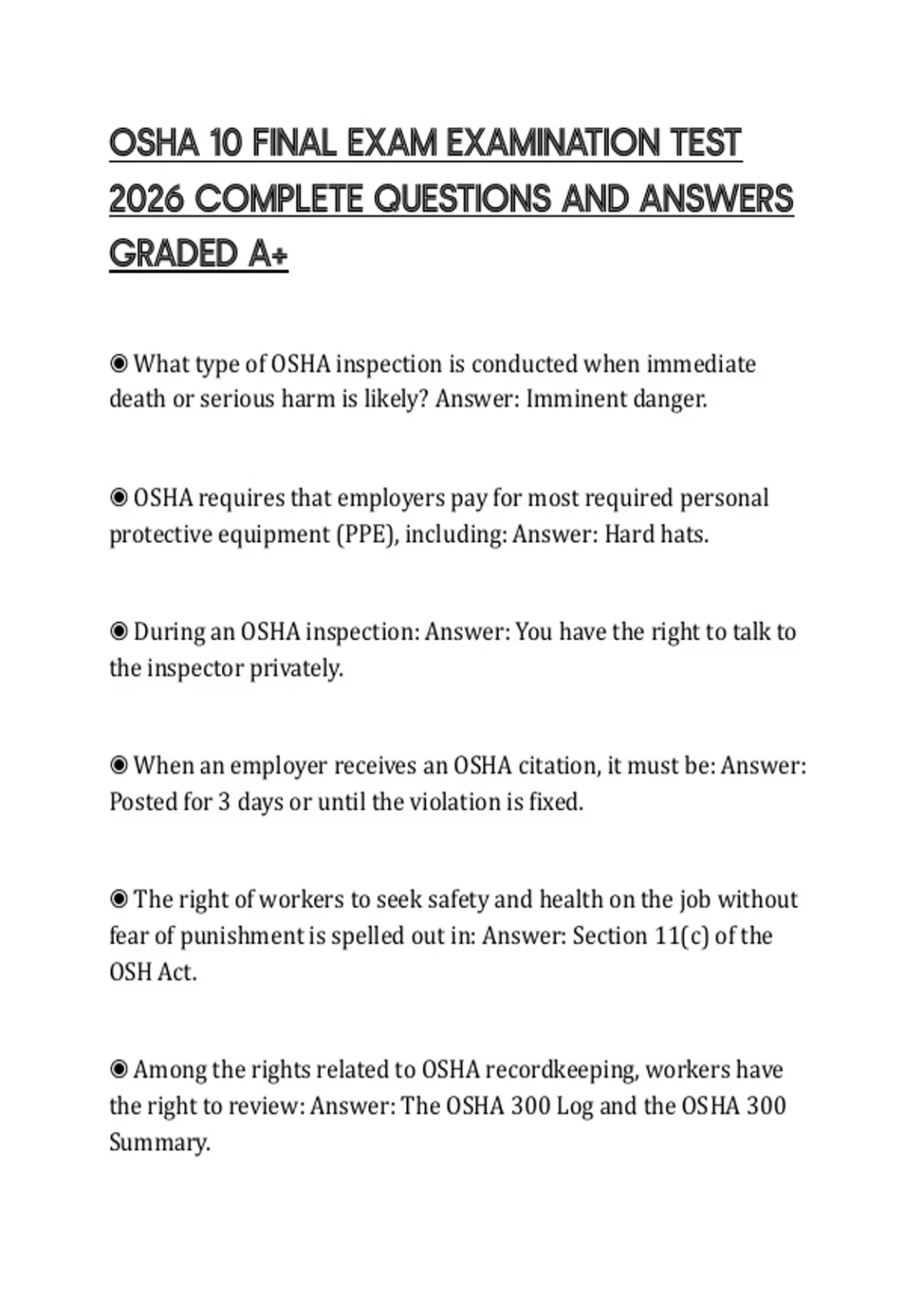 OSHA 10 FINAL EXAM EXAMINATION TEST 2026 COMPLETE QUESTIONS AND ANSWERS ...