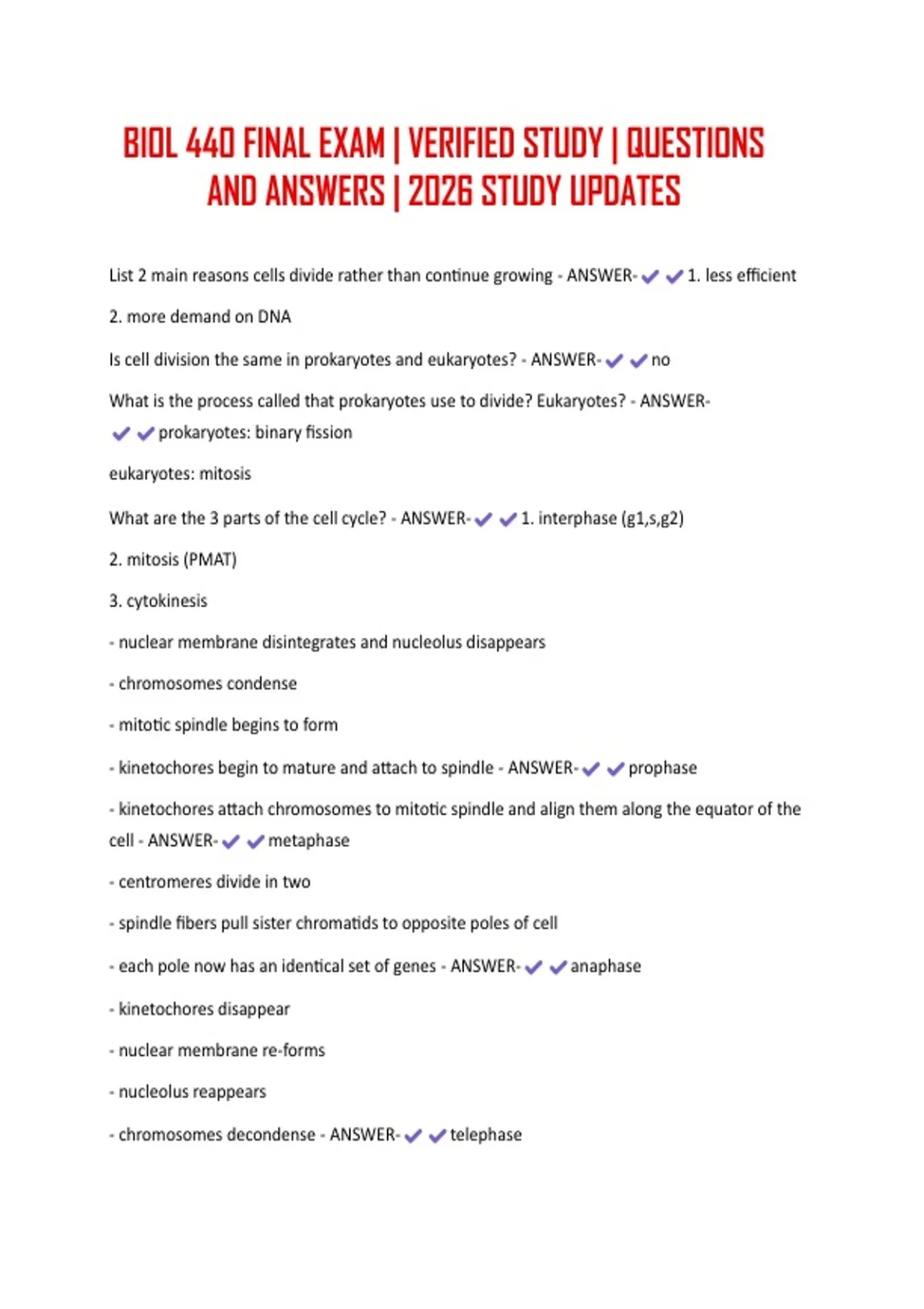 BIOL 440 FINAL EXAM | VERIFIED STUDY | QUESTIONS AND ANSWERS | 2026 ...
