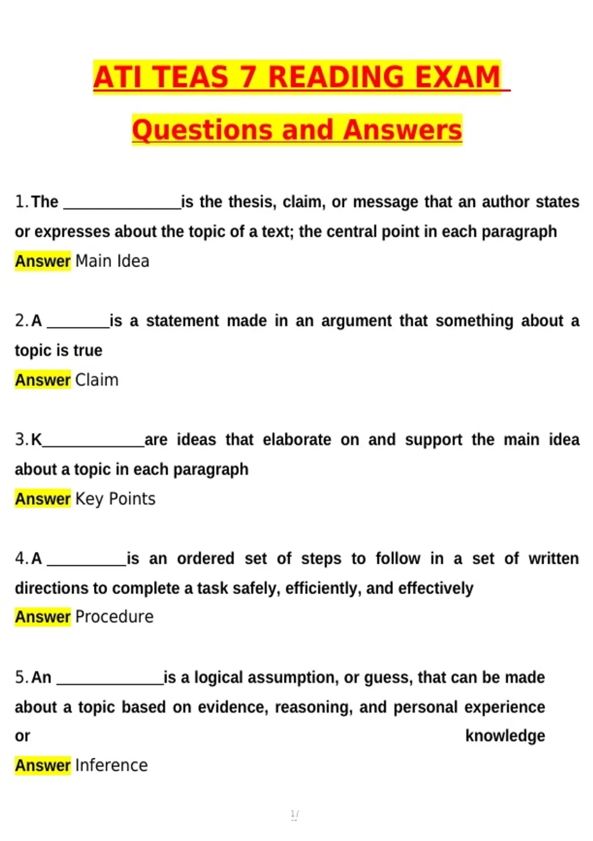 ATI TEAS 7 Reading Test (Latest 2026 / 2027 Update) Questions and ...