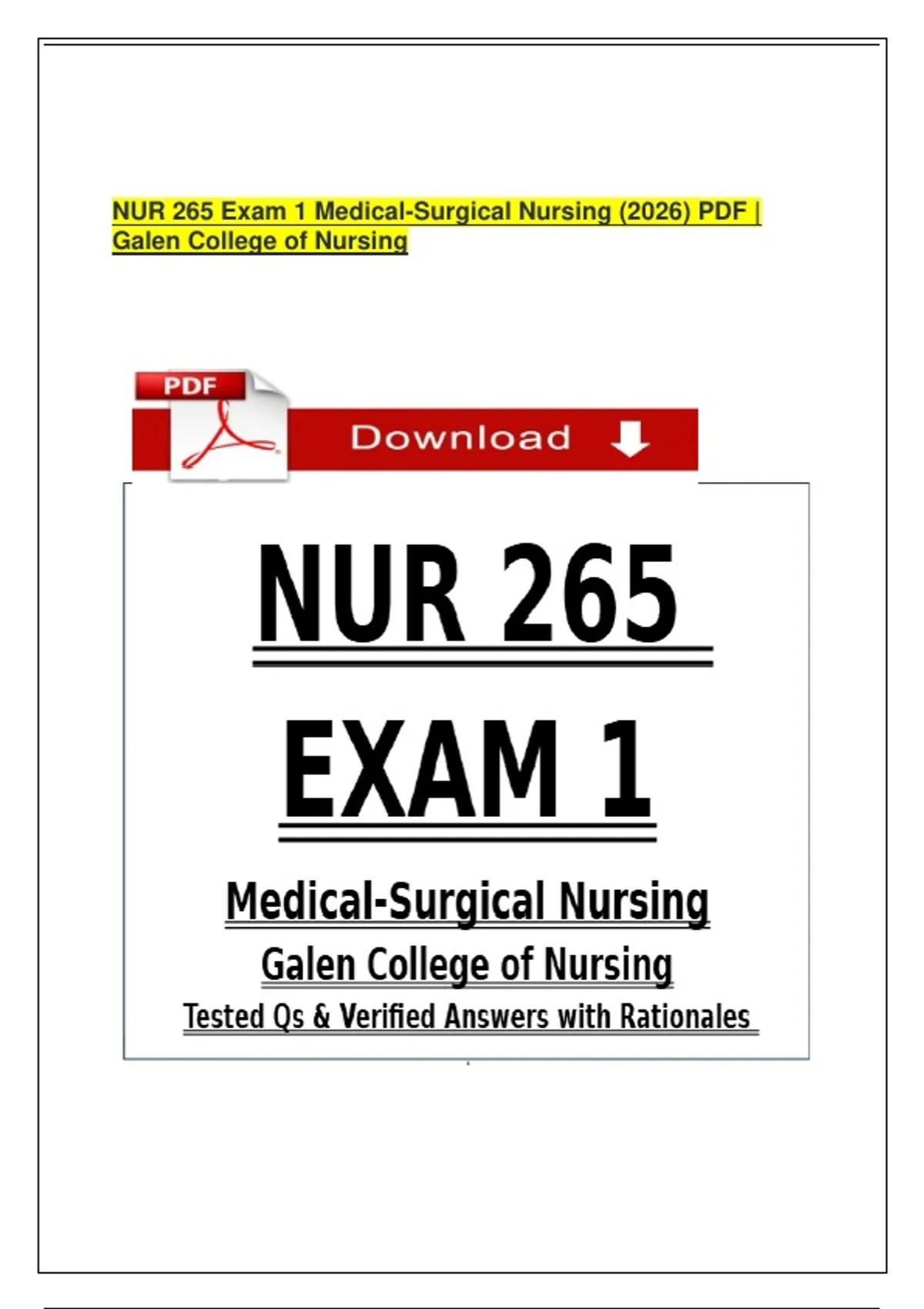 NUR 265 Exam 1 Medical-Surgical Nursing (2026) PDF | Galen College of ...