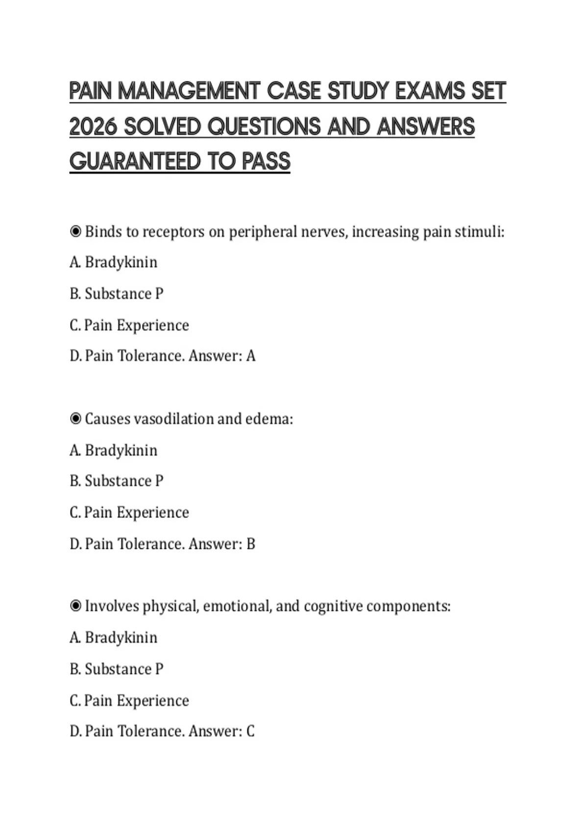 PAIN MANAGEMENT CASE STUDY EXAMS SET 2026 SOLVED QUESTIONS AND ANSWERS ...
