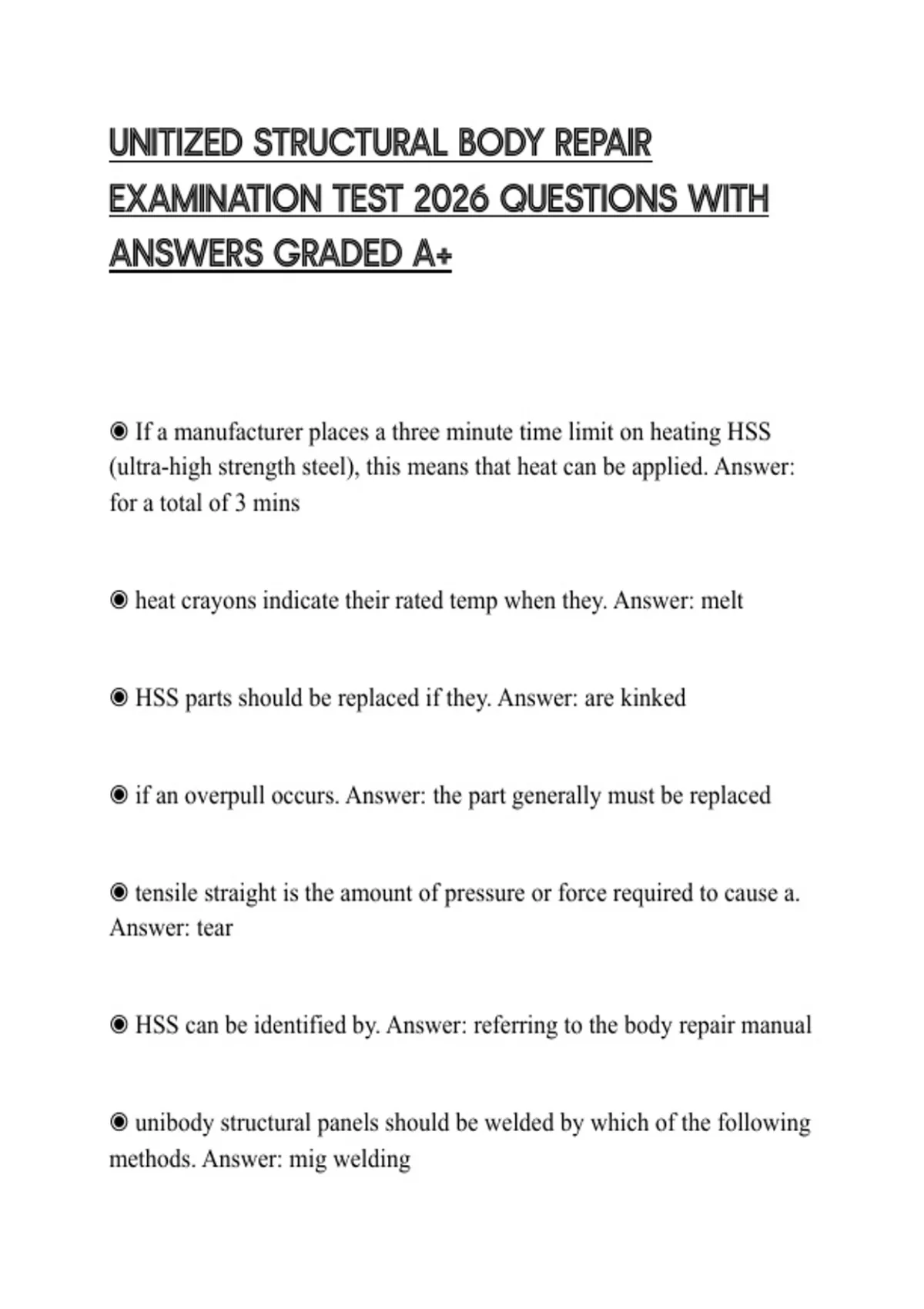 UNITIZED STRUCTURAL BODY REPAIR EXAMINATION TEST 2026 QUESTIONS WITH ...