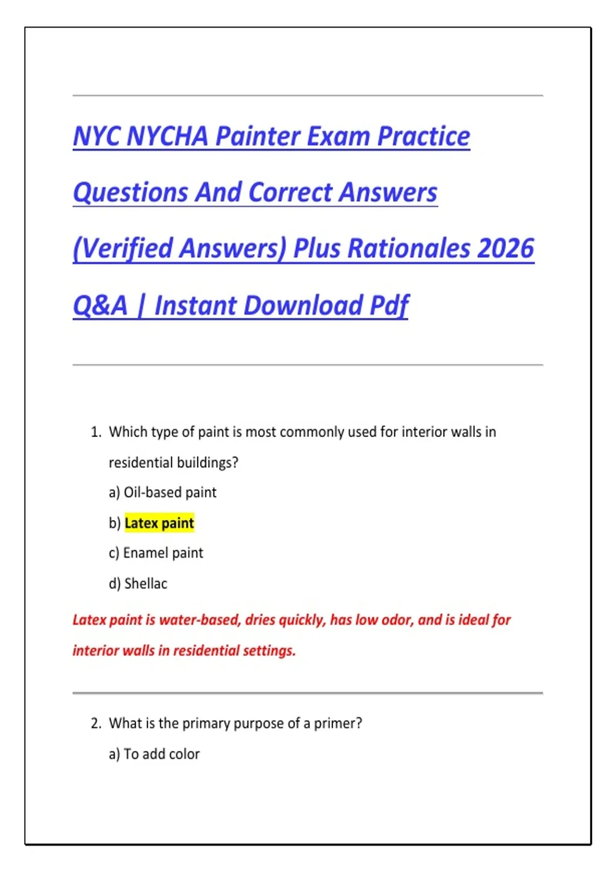 NYC NYCHA Painter Exam Practice Questions And Correct Answers (Verified Answers) Plus Rationales ...