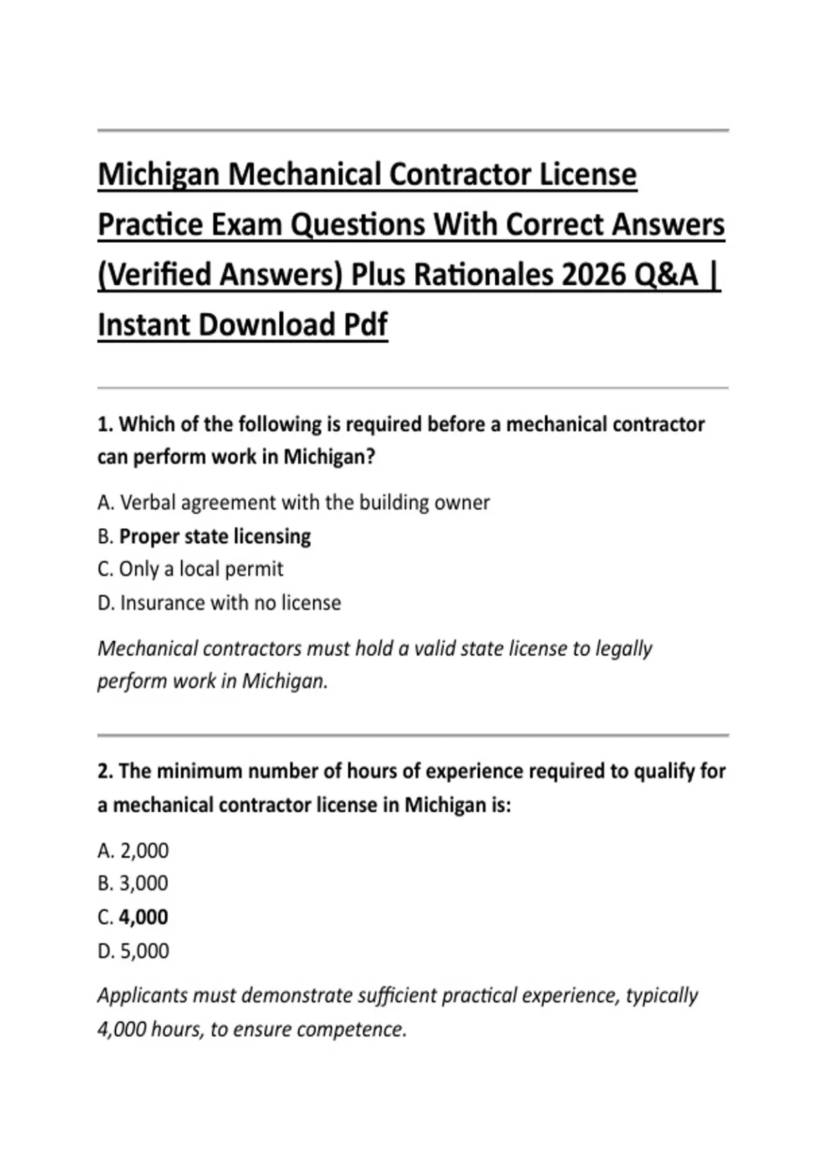 Michigan Mechanical Contractor License Practice Exam Questions With Correct Answers (Verified ...