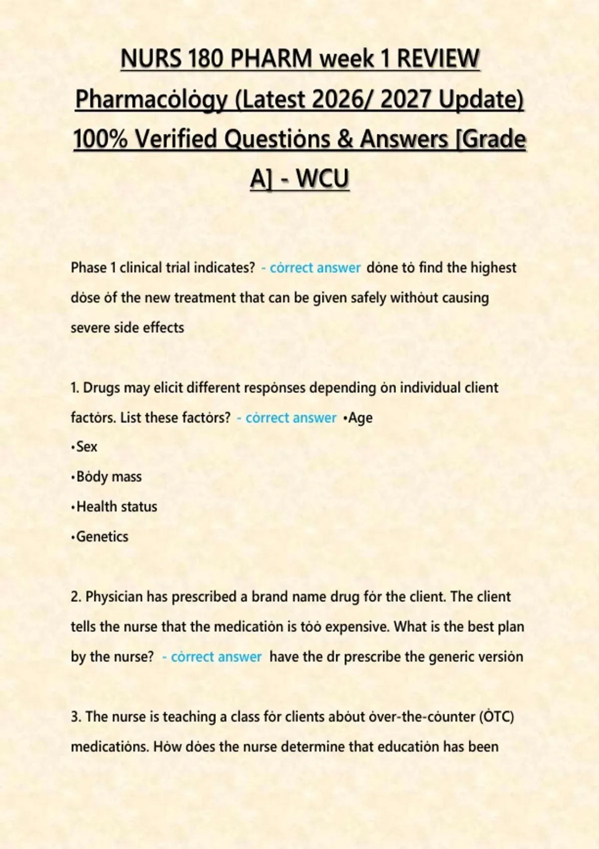 NURS 180 Pharmacology Week 1 Review | Verified Questions & Answers ...