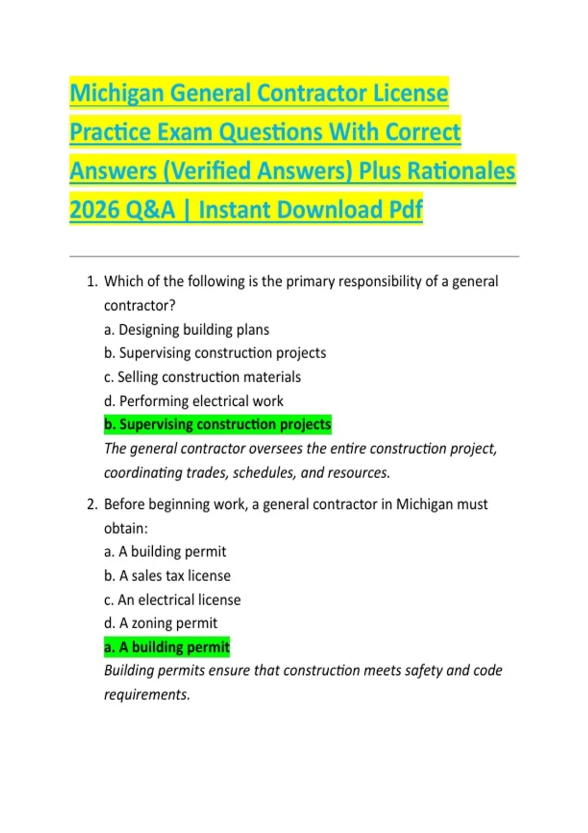 Michigan General Contractor License Practice Exam Questions With Correct Answers (Verified ...
